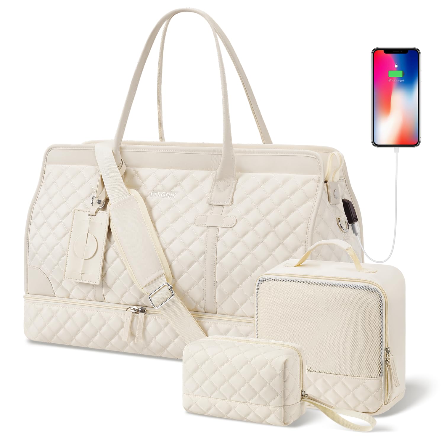 ETRONIKWeekender Overnight Bag for Women, Large Travel Duffle Bag with Shoe Compartment & Wet Pocket, Carry On Tote Bag Gym Duffel Bag with Toiletry Bag for Hospital 3 Pc Set, Large Size, Off-white