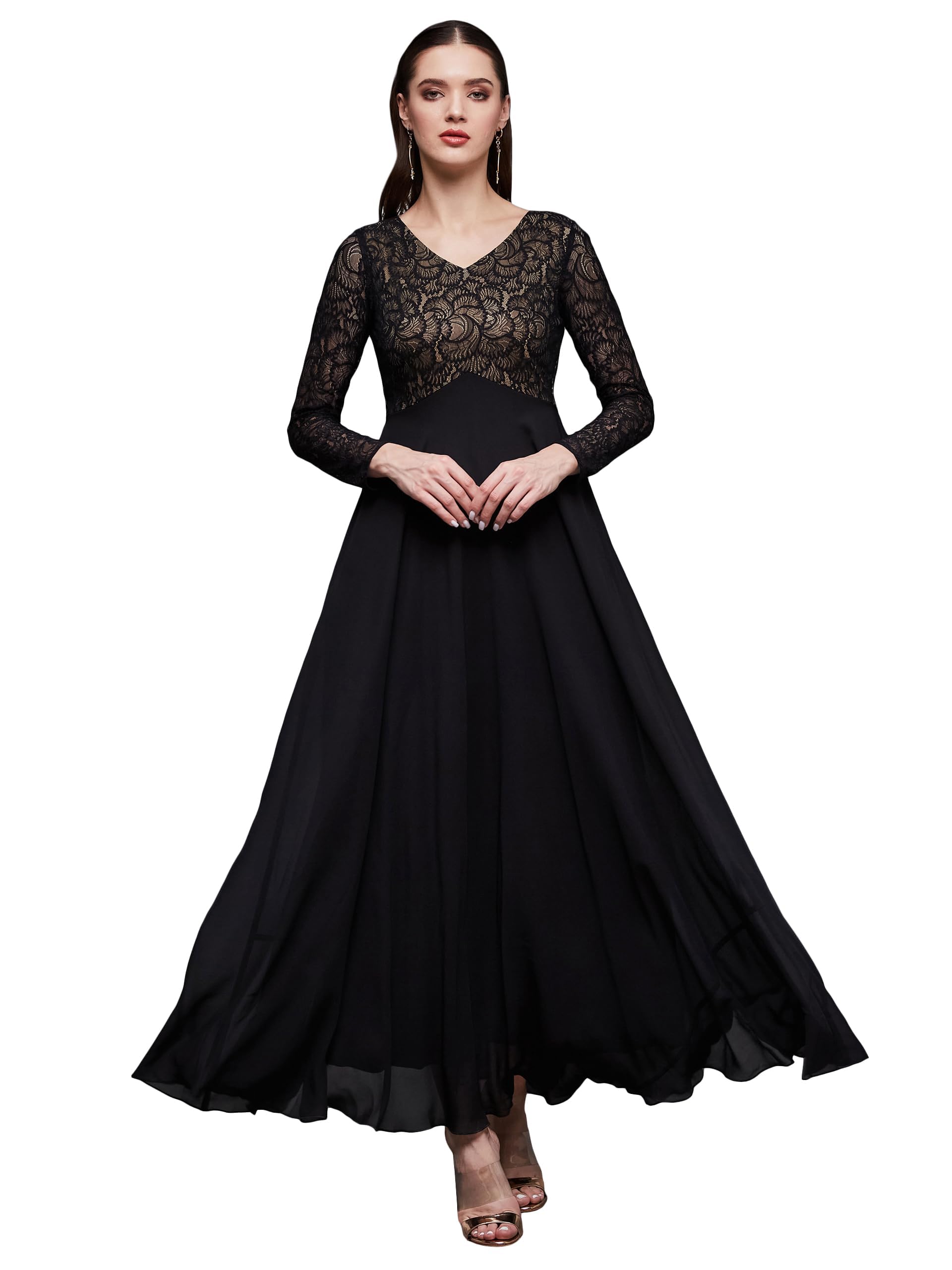 Miss Chase Women's V-Neck Full Sleeve Self Design Lace Overlaid Maxi Dress With Pockets (Plus (Mcaw23D13-85-62-05, Black, L)