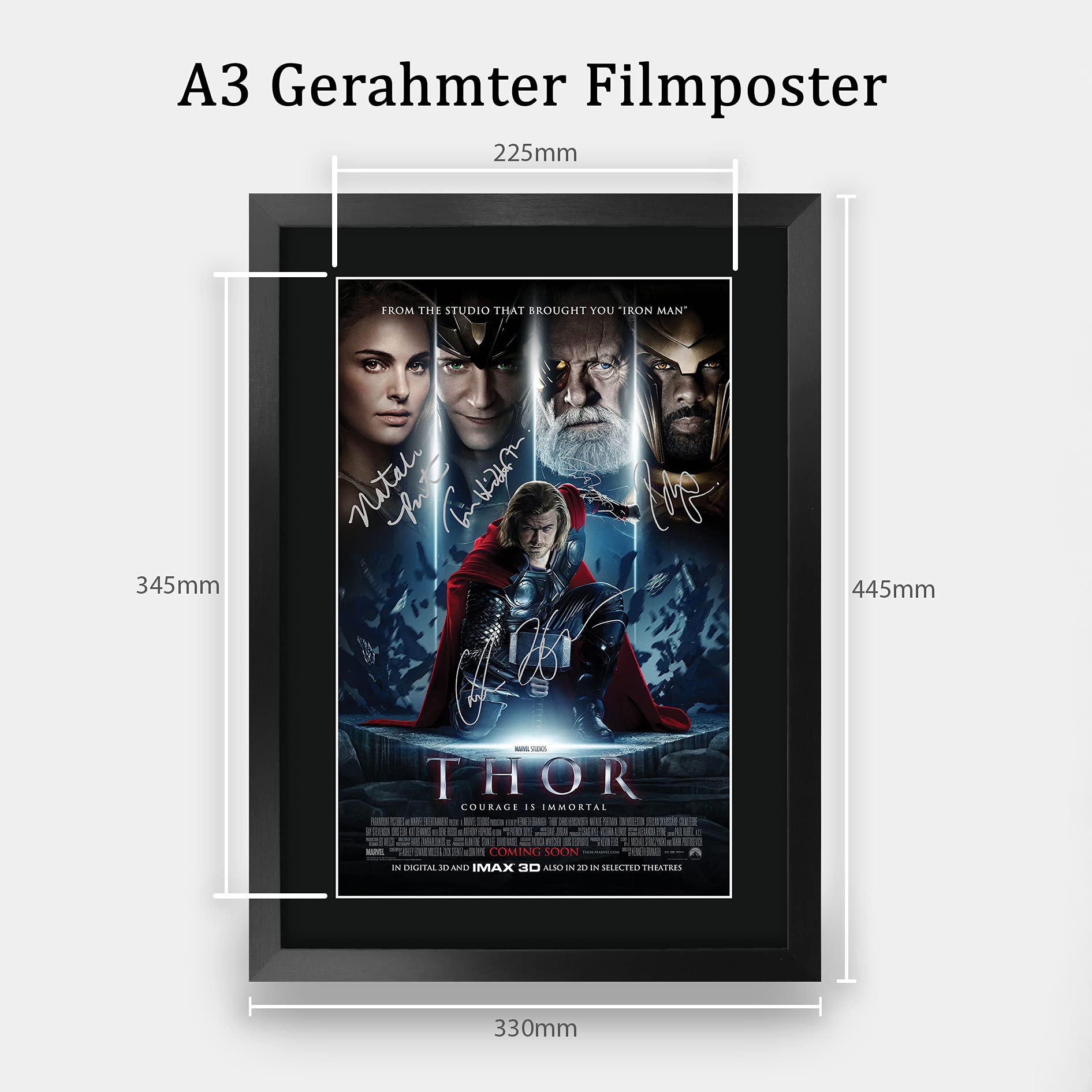 HWC Trading Thor A3 Gerahmte Signiert Gedruckt Autogramme Bild Druck-Fotoanzeige Geschenk Für Chris Hemsworth Natalie Portman Idris Elba Tom Hiddleston Anthony Hopkins Filmplakat Fans