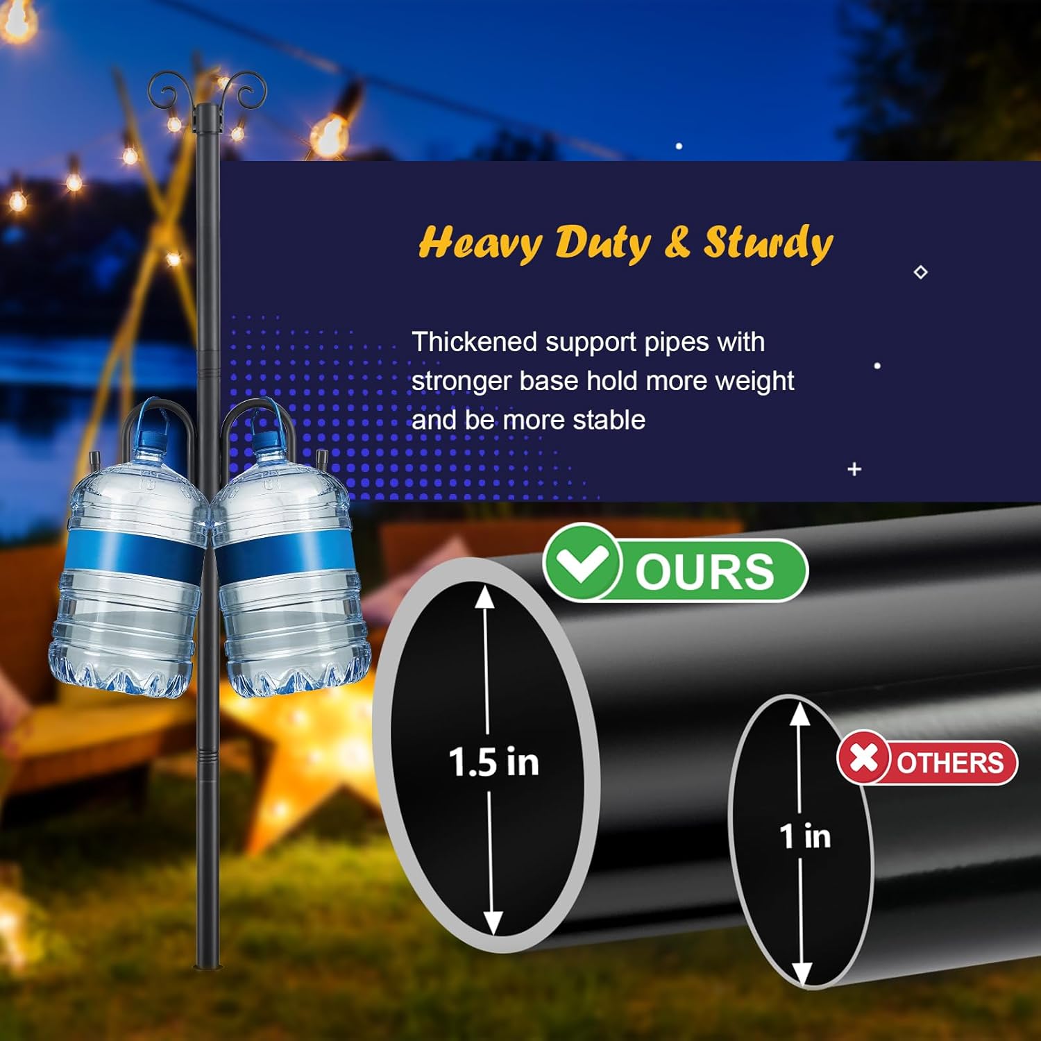 10FT String Light Poles 2Pack, 1.5 Inch Heavy Duty Poles for Outdoor String Lights with Shepherd Hook, 2 in 1 Light Pole with Anchor for Garden Backyard Patio Bistro Cafe