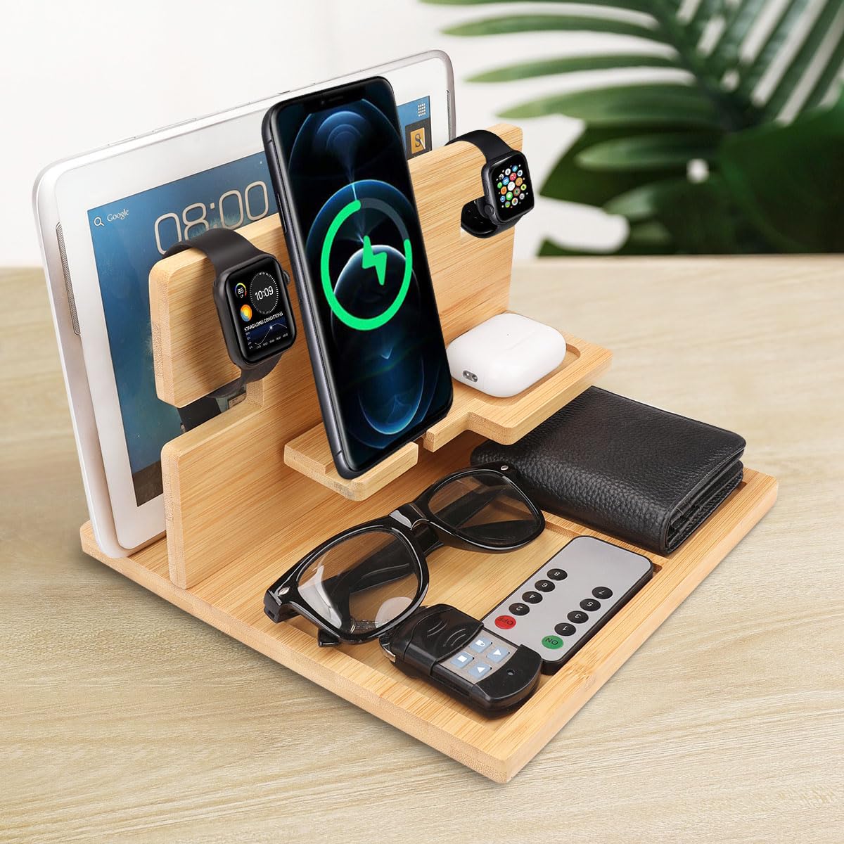 Soporte de bambú para teléfono, cartera, reloj, mesita de noche, organizador de escritorio para Apple Watch, lápiz, monedero, llaves
