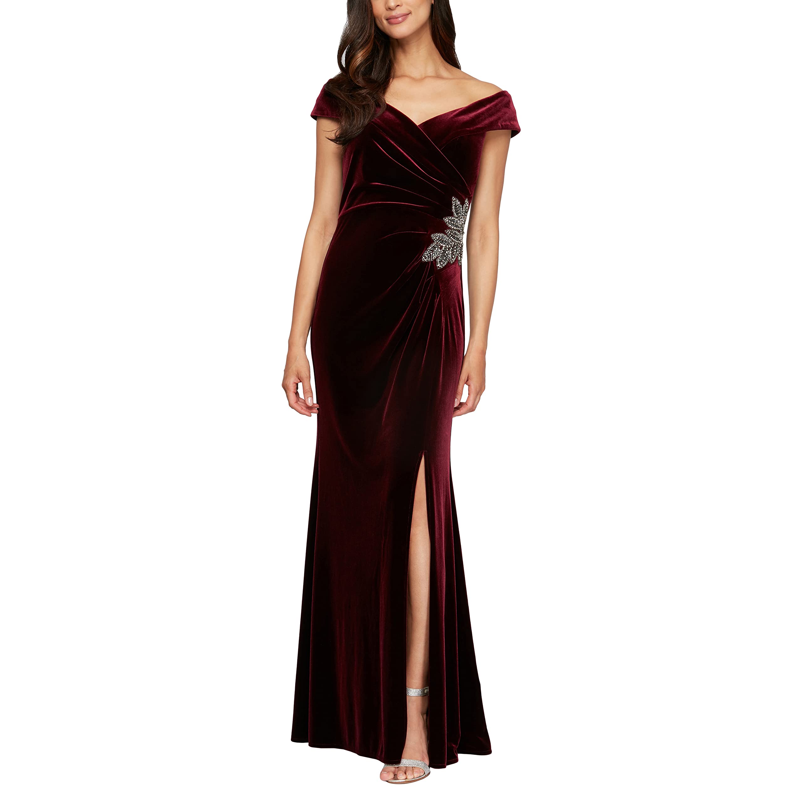 Alex Evenings Womens Long Velvet Off The Shoulder Fit and Flare Holiday Dress, Formal Gown (Petite and Regular Sizes)