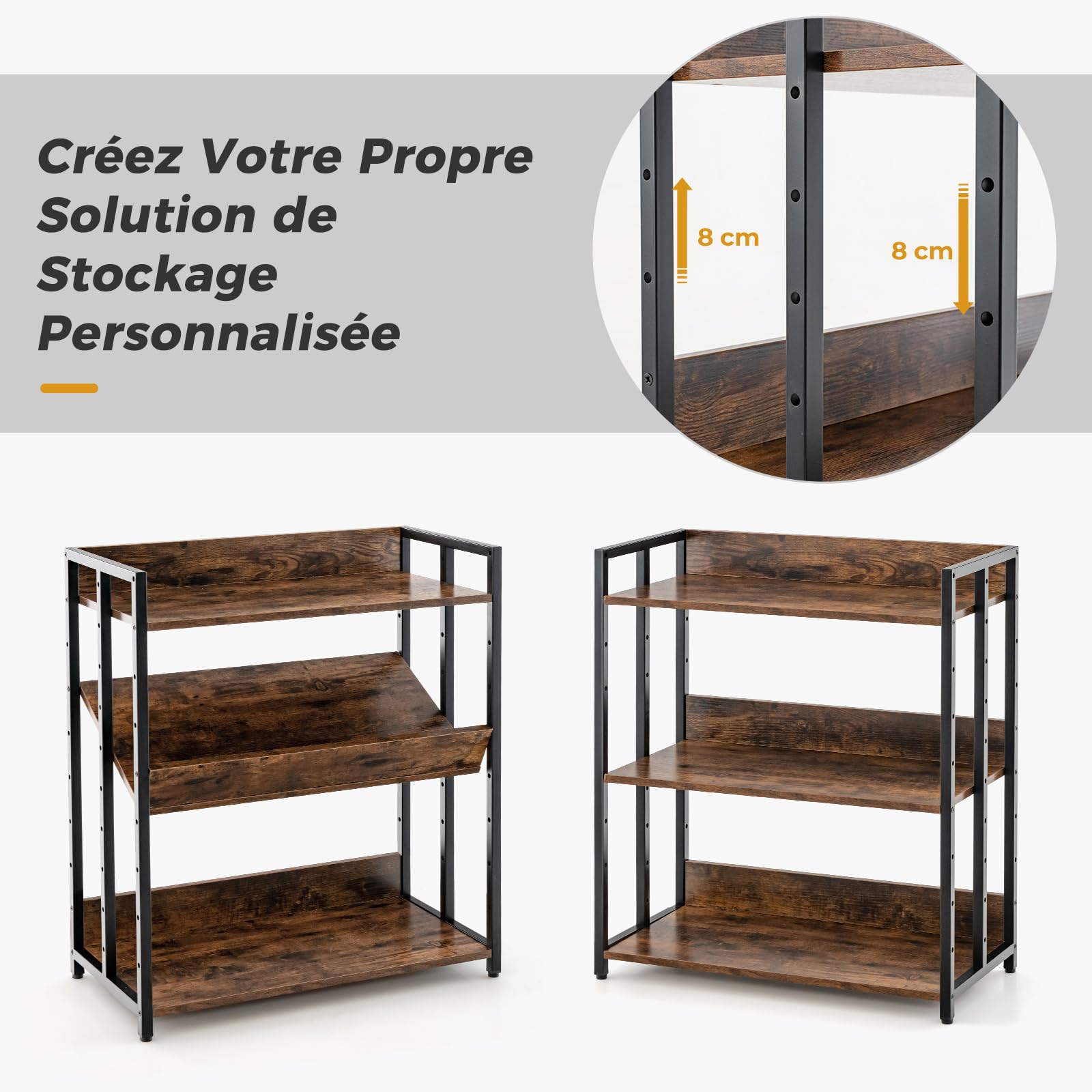 COSTWAY Bibliothèque Industrielle à 3 Niveaux Étagères Réglables (Marron)