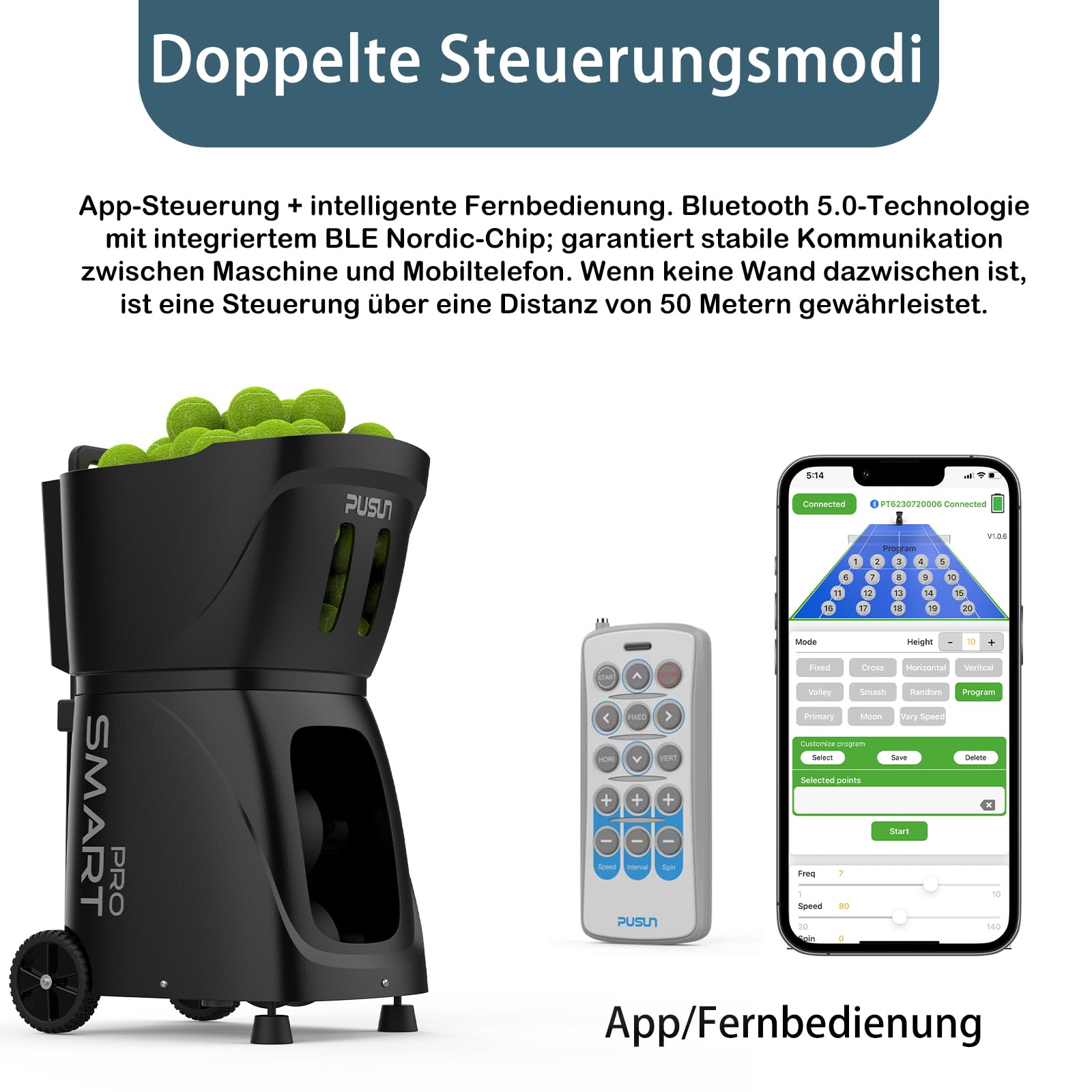 PUSUN PT-SMART Pro Tennisballmaschine - Premium Trainingsgerät mit APP-Steuerung (App für Apple Watch), 20 Landepunkte & 12 Modi, Tennis Trainer (4-6 Std. Laufzeit)