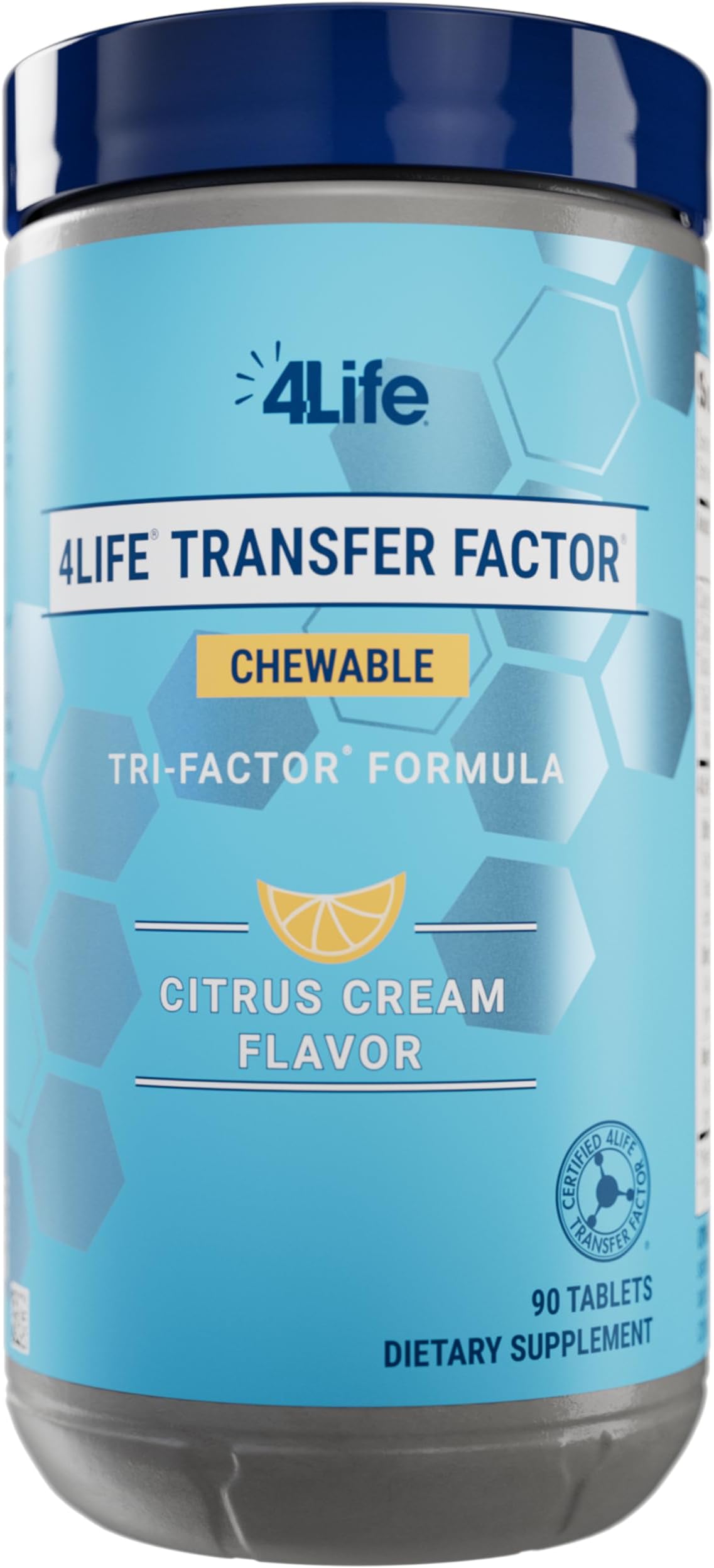 4Life Transfer Factor Chewable Tri-Factor Formula -with Cow Colostrum and Chicken Egg Yolk Extracts - Citrus Cream Flavor - 90 Chewable Tablets
