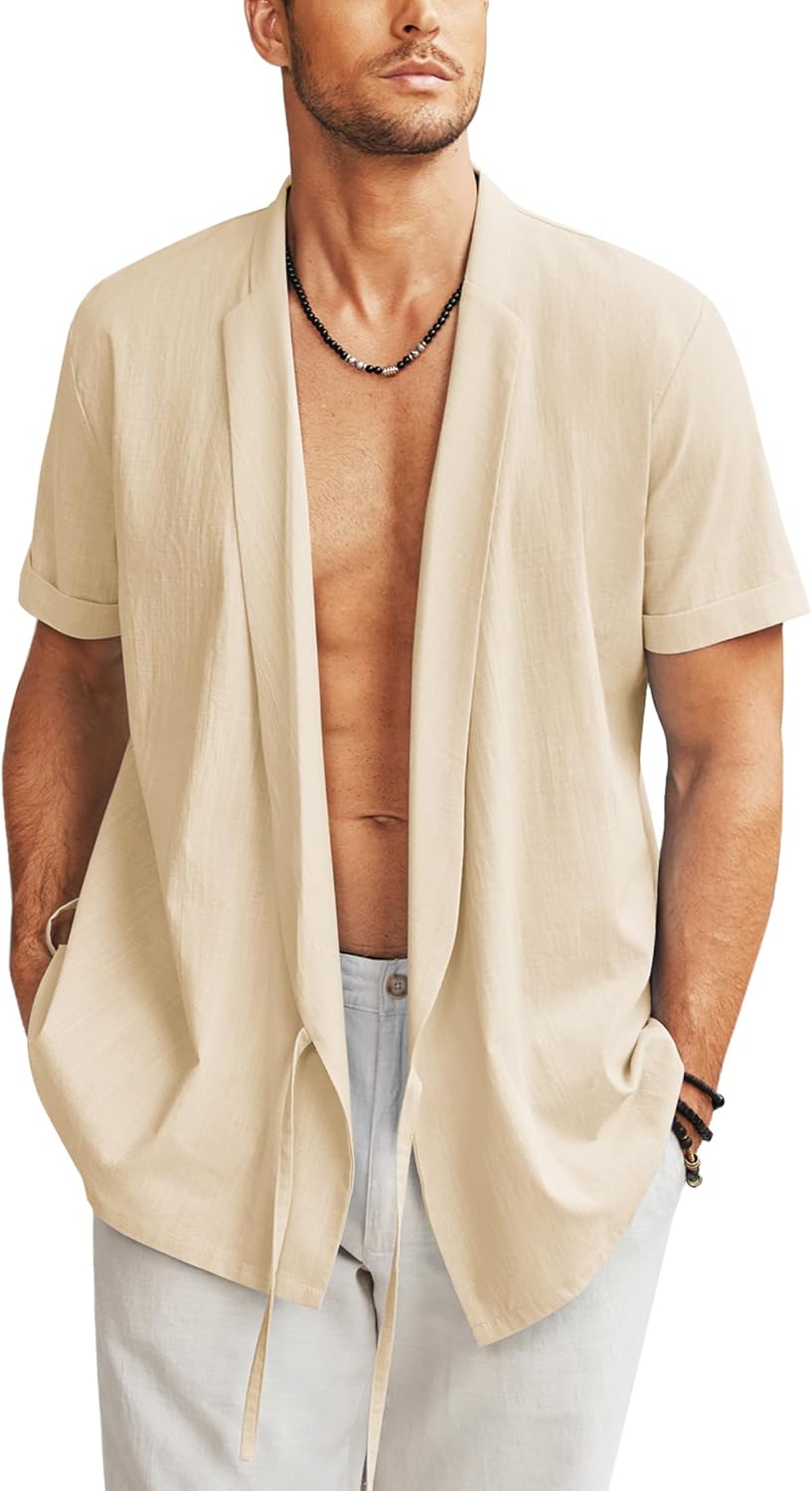 COOFANDY Men's Beach Kimono Shirt Cardigan Jacket Light Linen Short Sleeve Open Front Casual Shirts