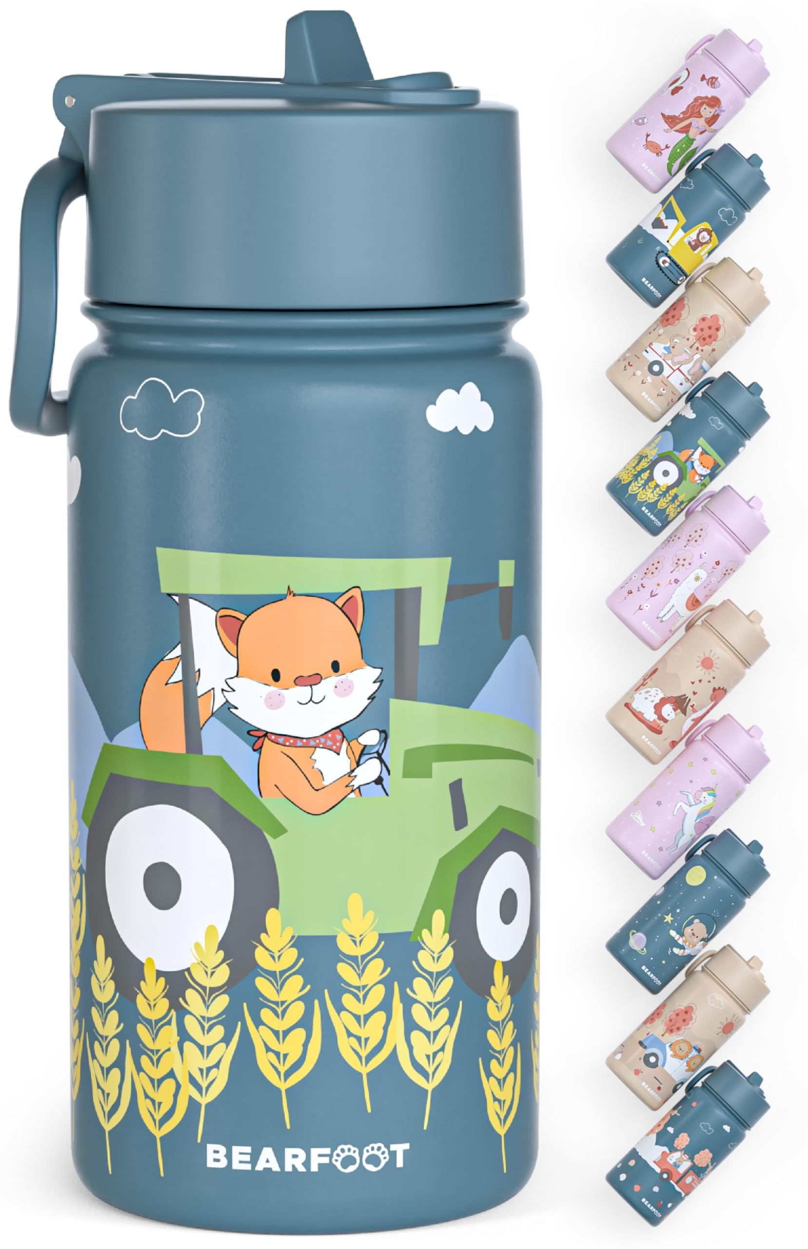 Edelstahl Trinkflasche Kinder 400ml (Blau - Traktor Fuchs) | Thermoflasche, mit Strohhalm, vakuumisoliert, auslaufsicher, BPA-frei, für Mädchen & Jungen