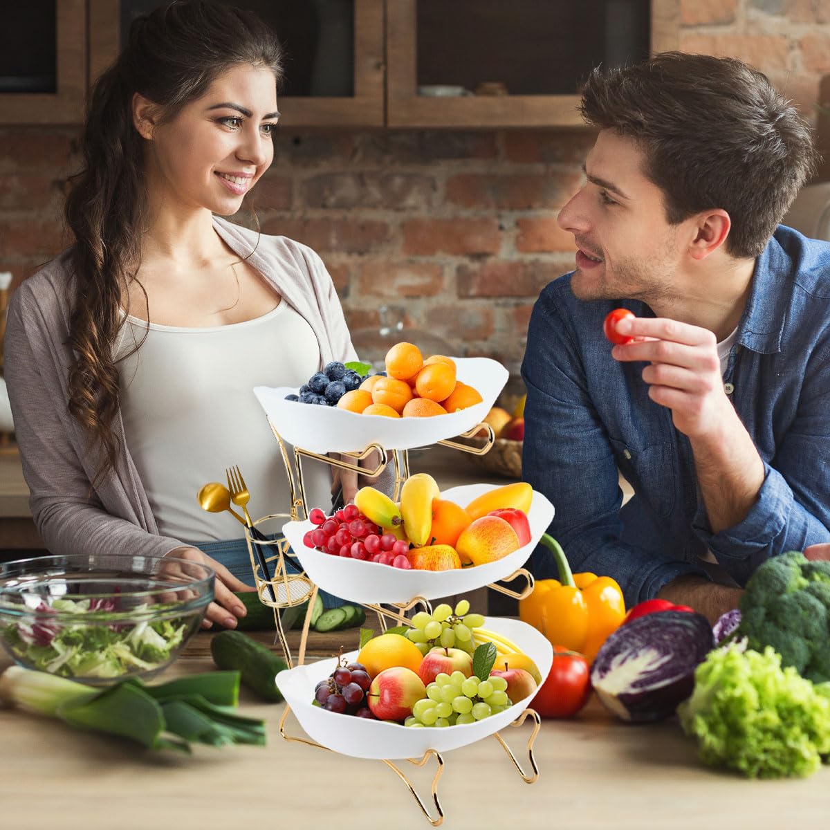 Cesto Frutta 2 Piani DODUOS - Portafrutta Moderno In Bambù Con Doppio Vassoio - Foto 6