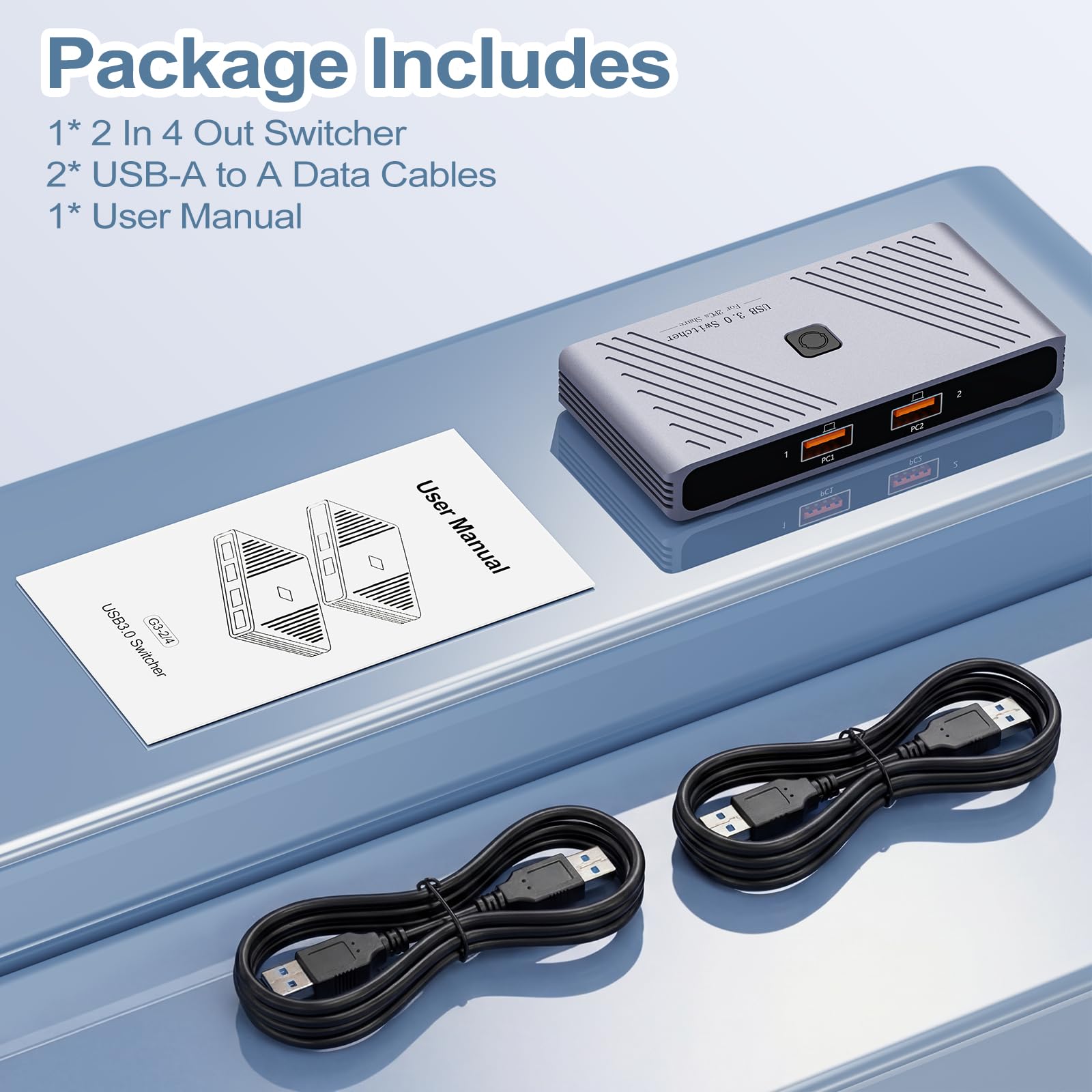 USB 3.0 Switch, 2 Computer Sharing 4 USB-Geräte, Ein-Knopf-Schalter für Tastatur, Maus, Drucker, Scanner, USB-Peripherie-Sharing-Hub für PC, Laptop mit 2 USB-3.0-Kabeln, Gehäuse aus Aluminiumlegierung