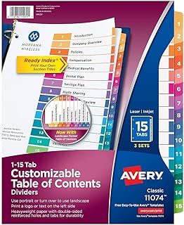 Avery 15-Tab Dividers for 3 Ring Binders, Customizable Table of Contents, Multicolor Tabs, 3 Sets (11074) - coolthings.us