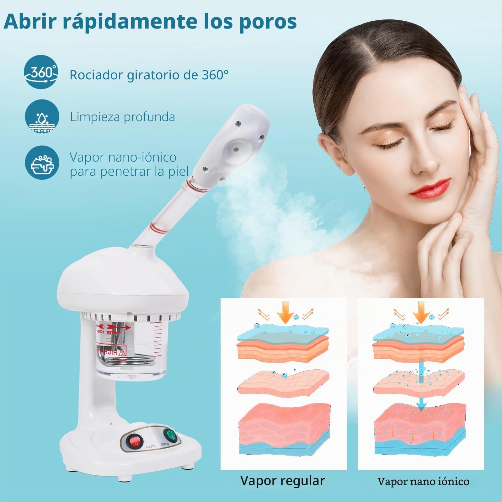 Vaporizador Facial Spray SPA Facial de Nano Iónico Hogareño, Destapar Poros, Humidificador Atomizador de Niebla Caliente, multifunción, con boquilla giratoria de 360 grados