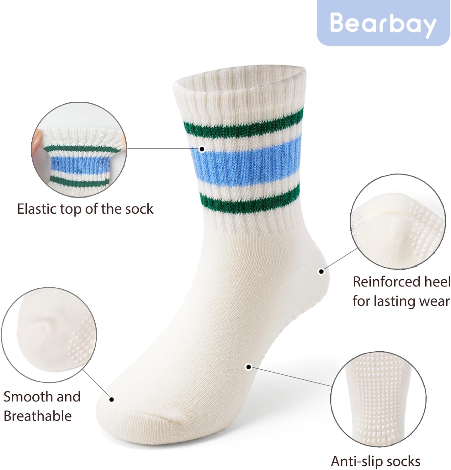 Non-Slip Cotton Toddler Grip Crew Socks with Stripe Heart Animal image 4