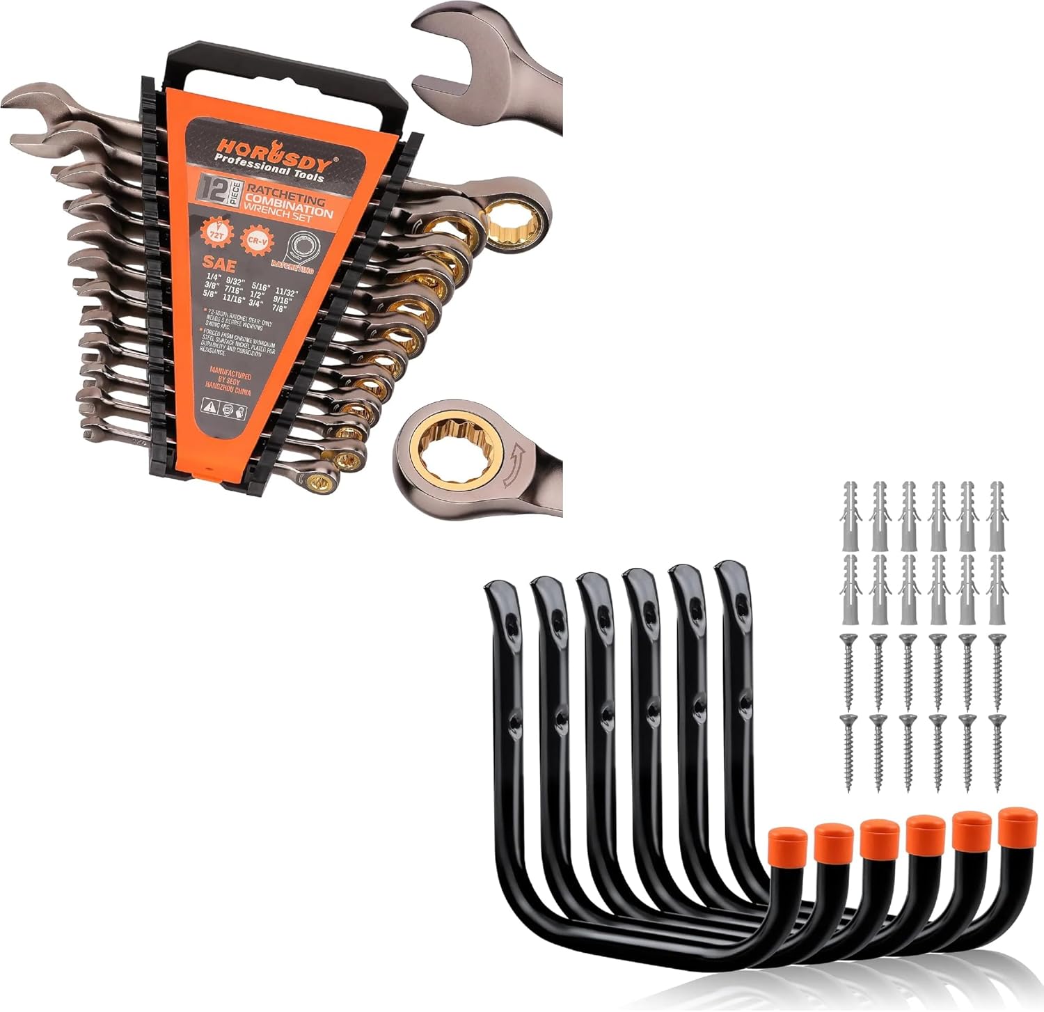 HORUSDY 12-Piece SAE Ratcheting Wrench Set and 6 Pack Garage Hooks