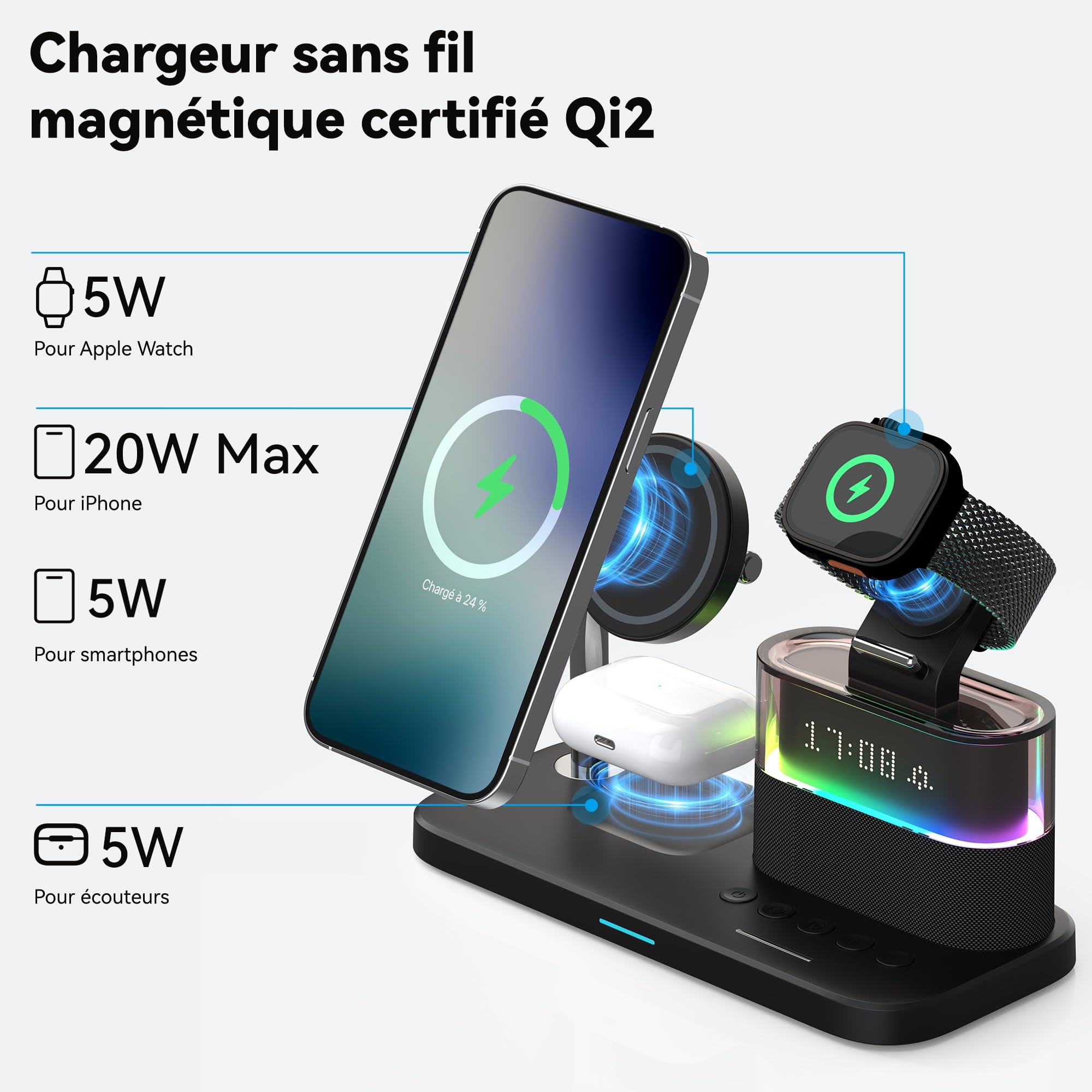Chargeur Induction 3 en 1 Qi2 Magnétique 15W pour iPhone 17/16/15 Pro Max, AirPods 4/3/2/Pro et Apple Watch S10/9/8, Station de Charge Rapide sans Fil avec Réveil et Lumière RGB