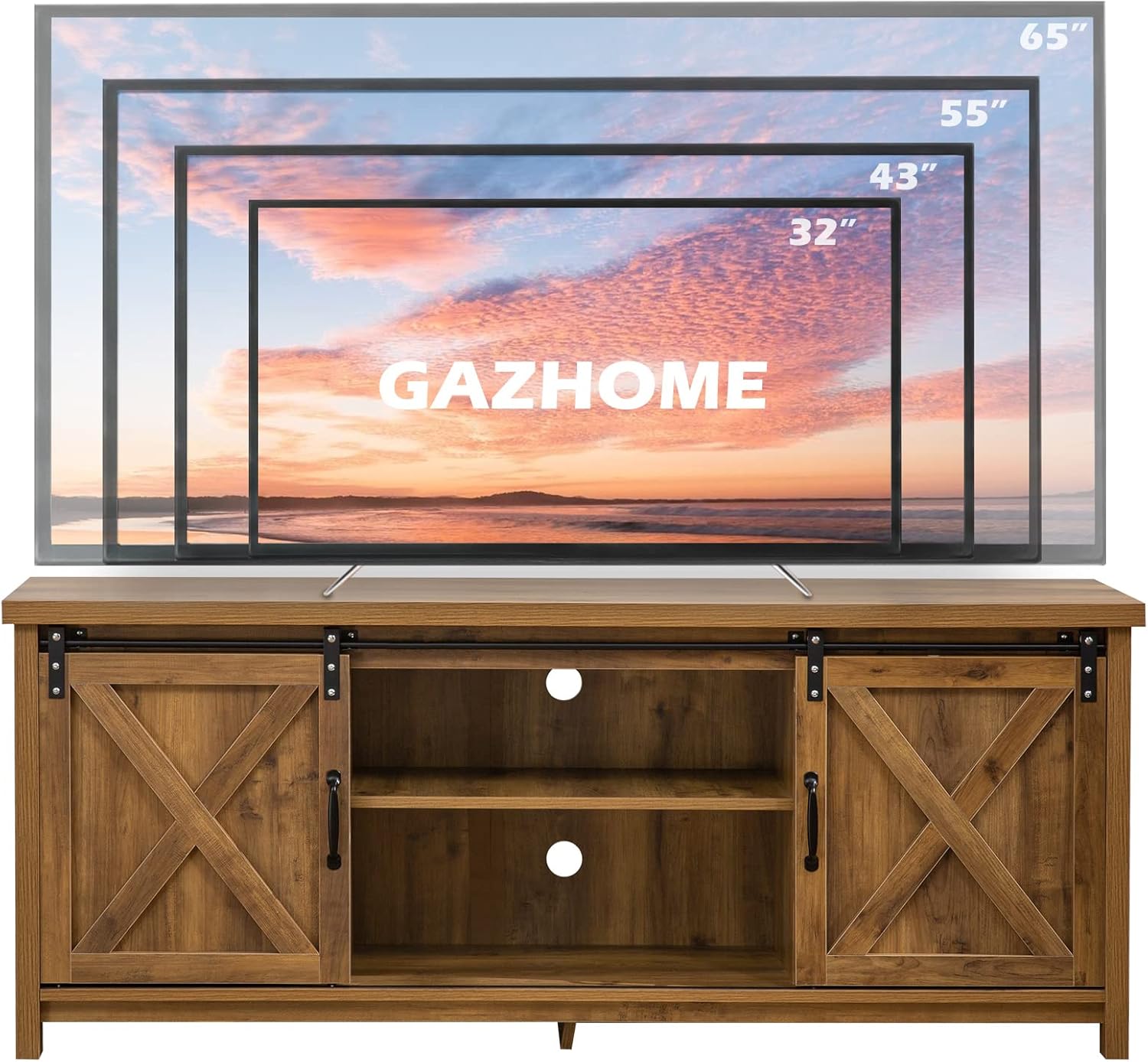 Illustration showing various TV sizes (32, 43, 55, 65 inches) compatible with the TV stand