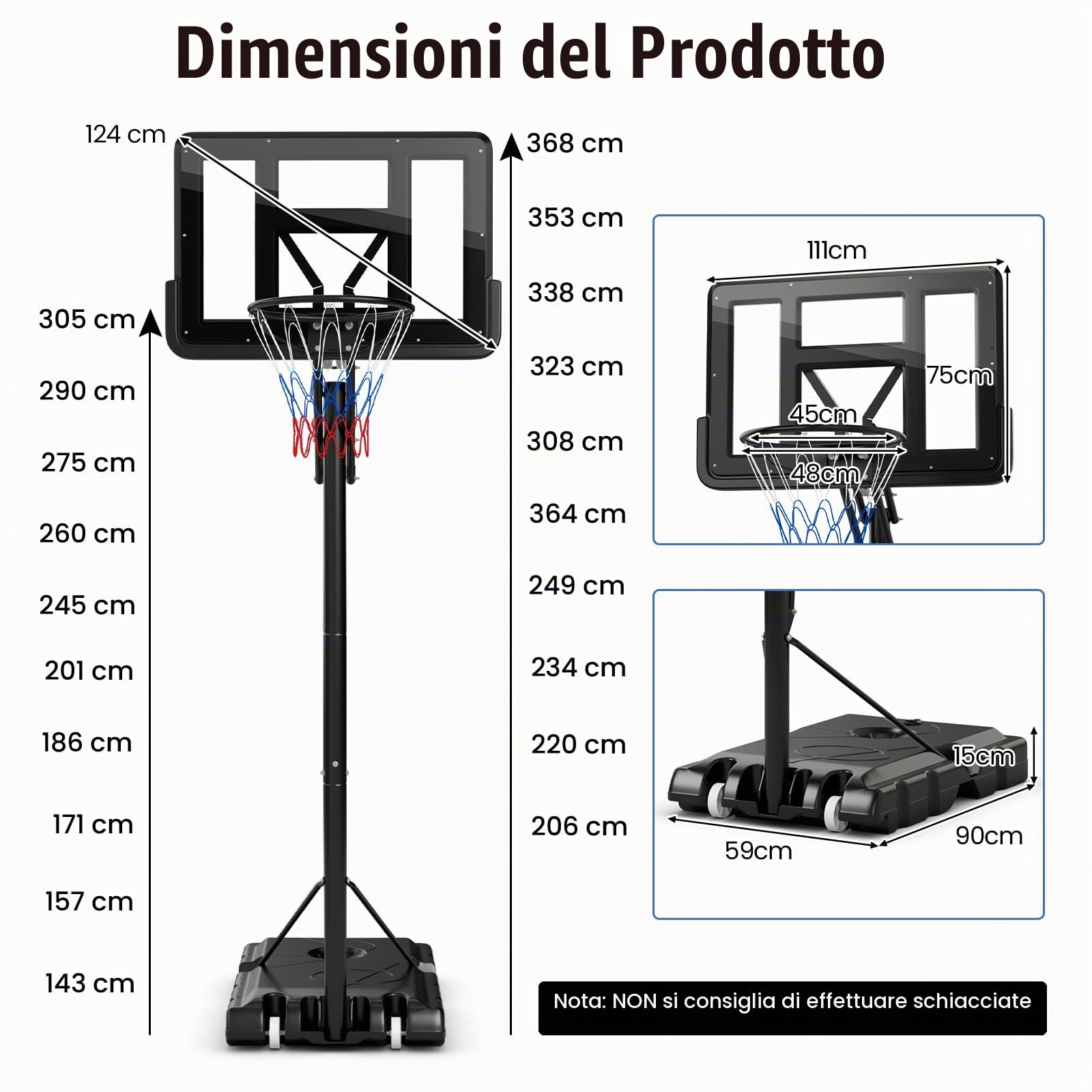 KOMFOTTEU Canestro Basket per Esterno in PE, 10 Livelli di Altezza Regolabile 143-305 cm, Supporto da Basket Portatile con Ruote, Base, Pallacanestro per Interni, per Bambini e Adulti