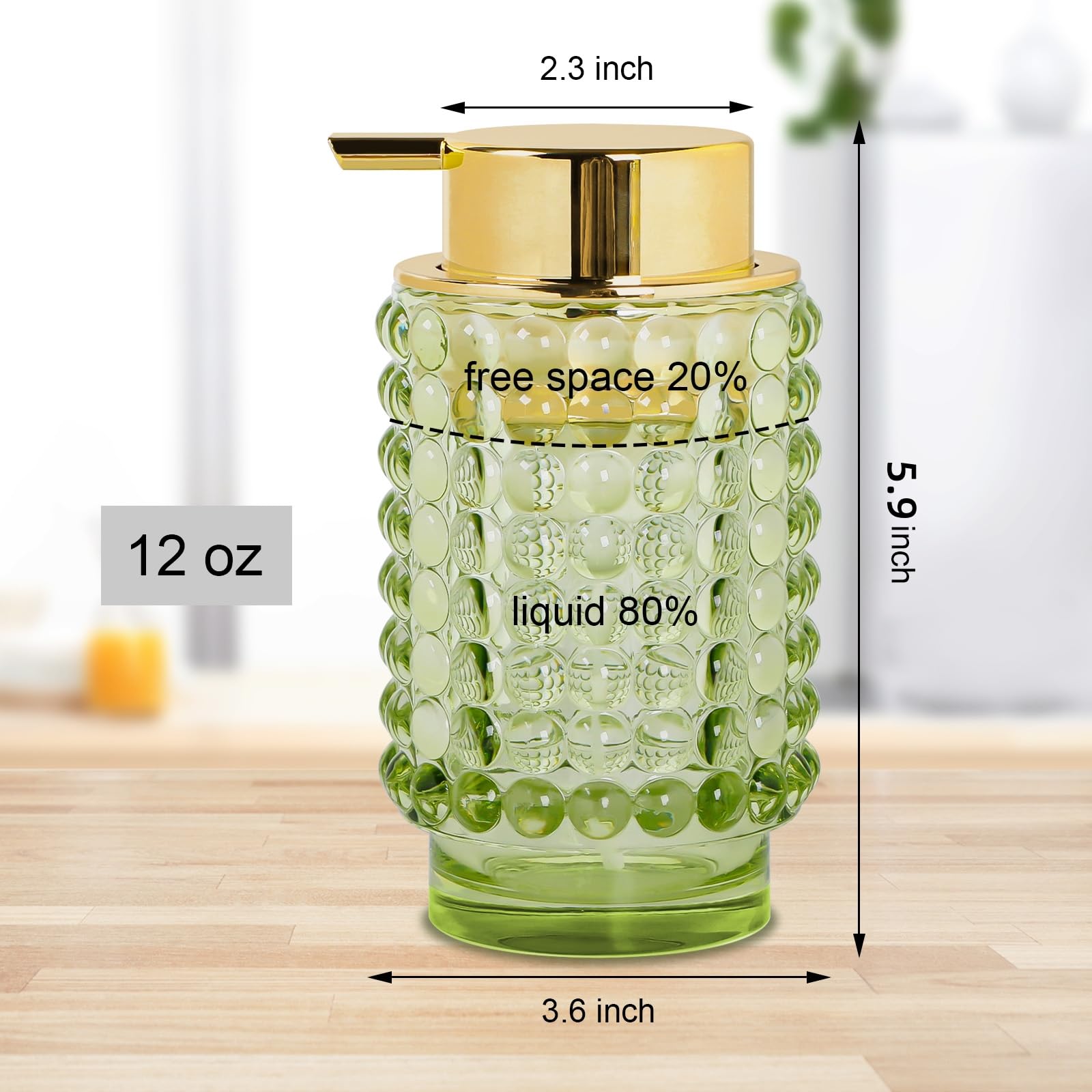 Schaumseifenspender aus Glas, grüner Schaum-Handseifenspender, 340 ml, große Flasche mit goldfarbener Pumpe, nachfüllbarer Lotion-Pumpbehälter für Badezimmer, Küche, Handseife, Spülseife