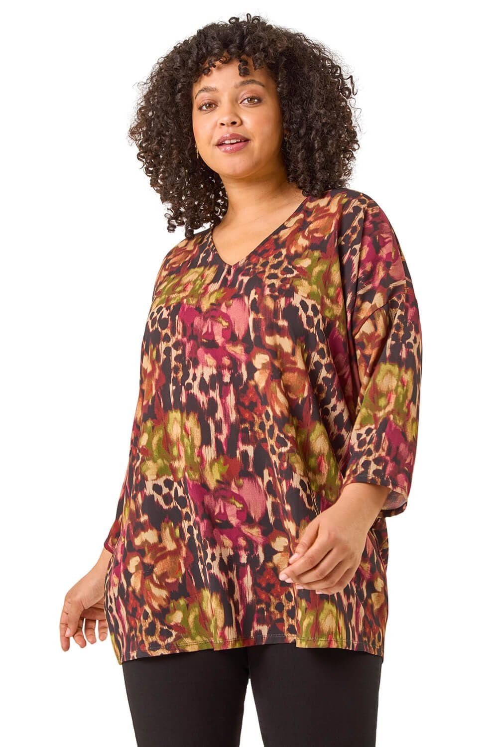 Roman Originals Women's Neutral Roman Curve Watercolour V-Neck Stretch Top For Uk - Autumn Everyday Winter Holiday V-Neckline Comfy 3/4 Sleeve Soft Tunic Shirt Office Work Blouses - Size 20