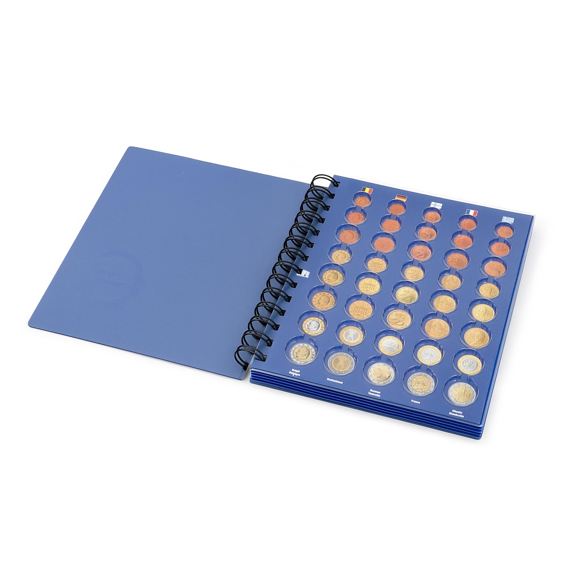 SAFE 7807 Album TOPset per monete euro – Con 5 fogli per 25 serie complete – Tutti i paesi UE – Formato compatto 210×235 mm – Rilegatura a spirale con copertina rigida argentata