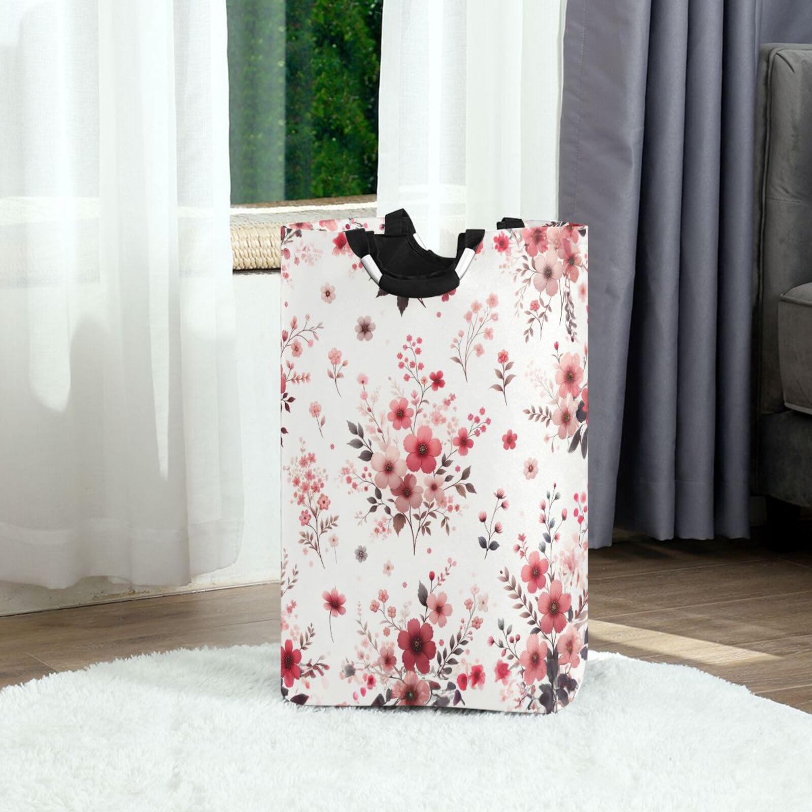 Jihqo Laundry Hamper Basket Pink Tiny Flowers Collapsible Nursery Storage Bin Waterproof Clothing Baskets for Home Bedroom Bathroom Washing Room