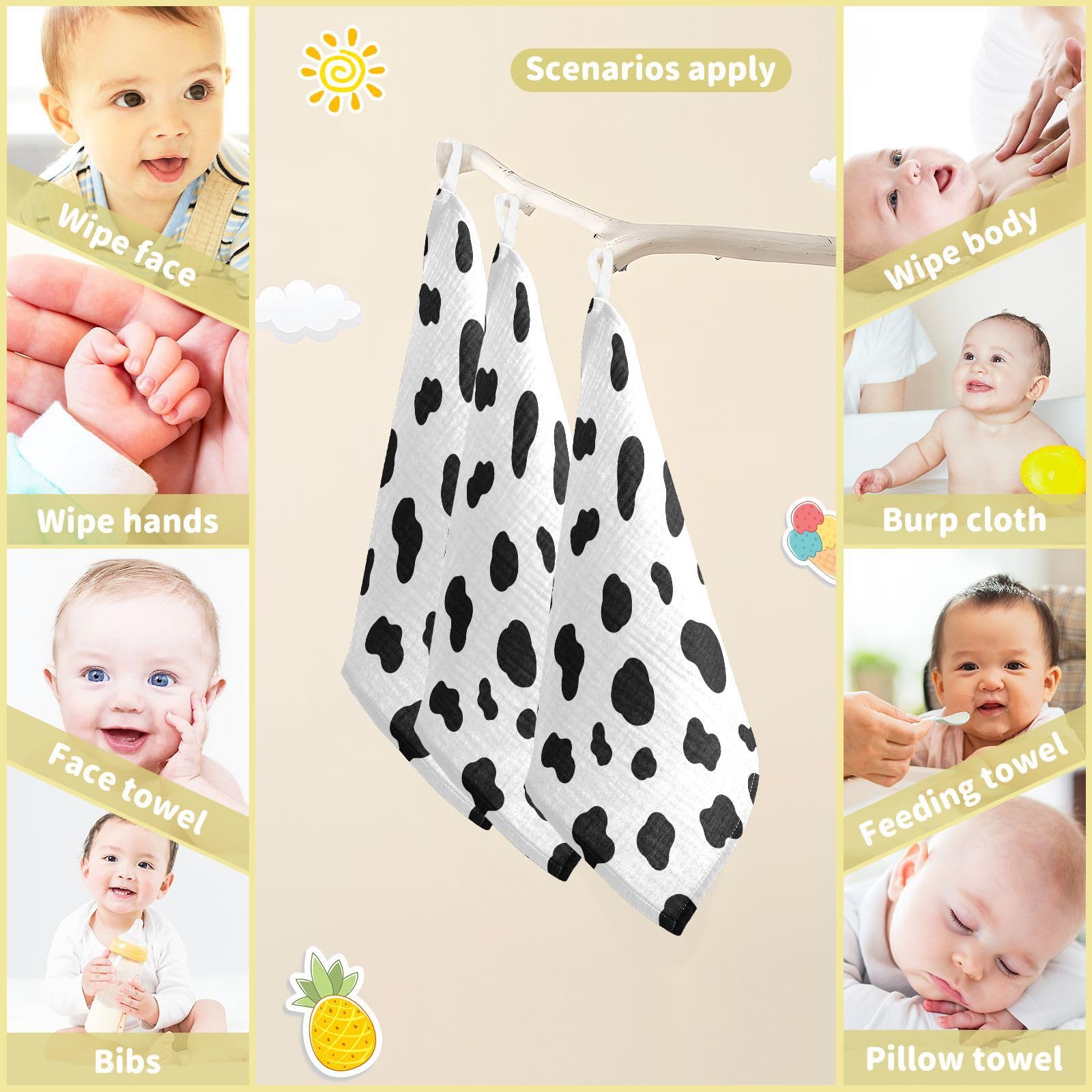 Paños de muselina para bebé con estampado de vaca blanco y negro, paños de piel de vaca, paños suaves y absorbentes para bebé, toallas faciales para recién nacidos, niños y niñas, 12 x 12 pulgadas,