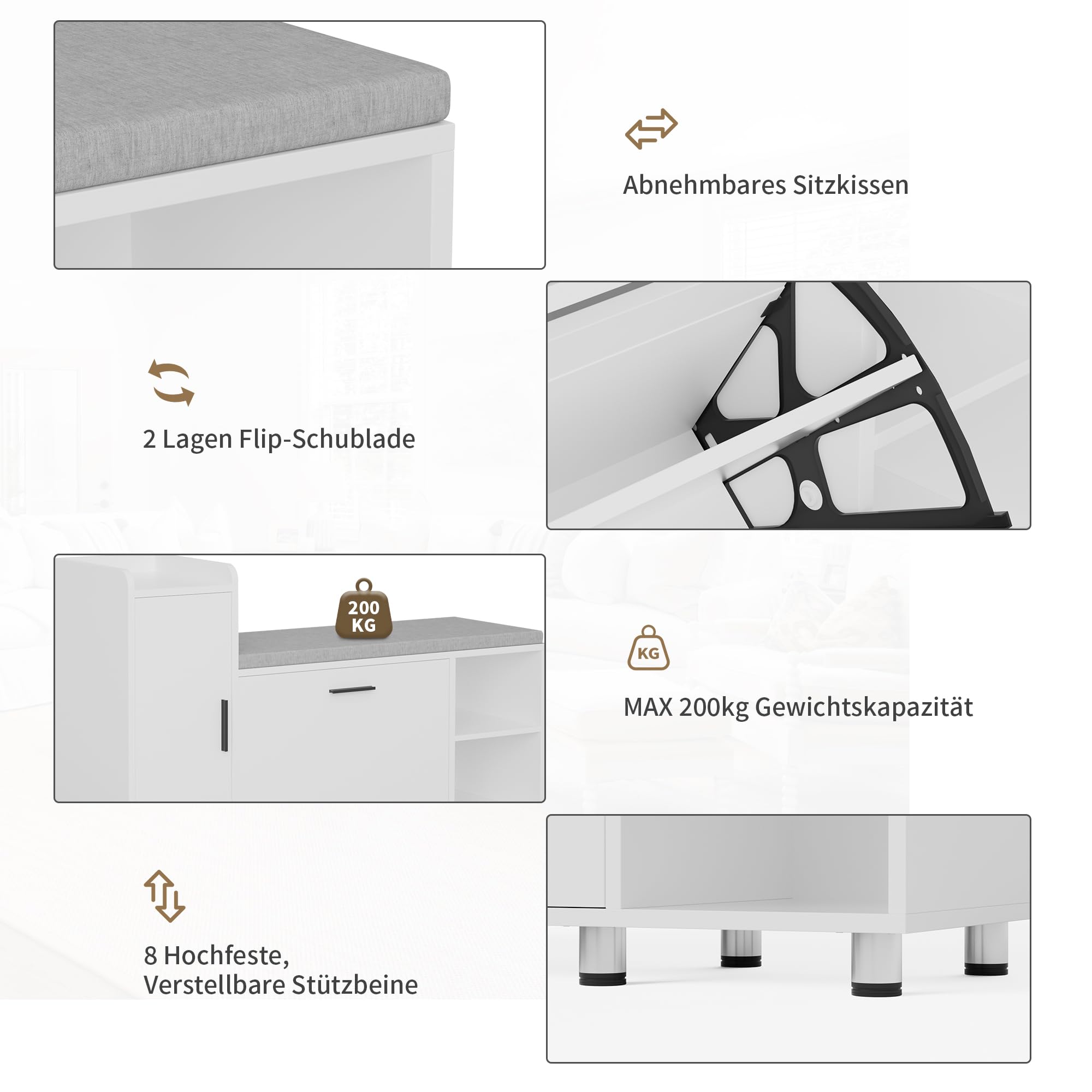 BonVache Schuhbank mit Sitzfläche, Klappfach mit Verstellbarer Trennwand, Höhenverstellbar, Schuhschrank mit Stauraumtüren und 3 Offener Lagerplatz, Schuhregal für Flur, 105 x 34 x 67cm, Weiß