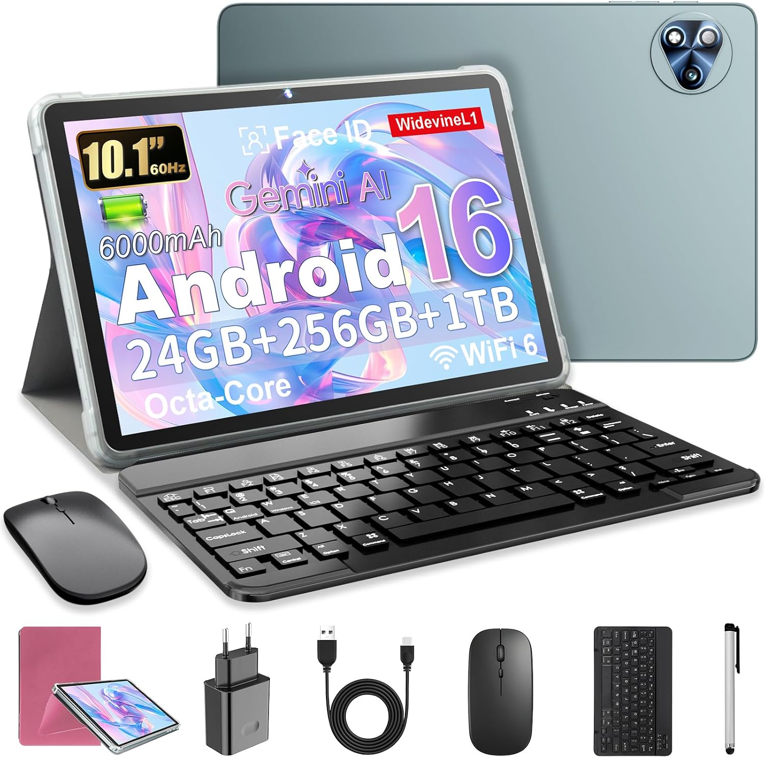 Android 16 Tablet 10 Pollici con Gemini AI, Tablet con Tastiera, Mouse & Stilo, Octa-Core, 24 GB RAM + 256 GB ROM + 1 TB TF, 1920x1200 Display HD, Fotocamera 8MP+13MP, 6000 mAh (Blu + Cover Rosa)