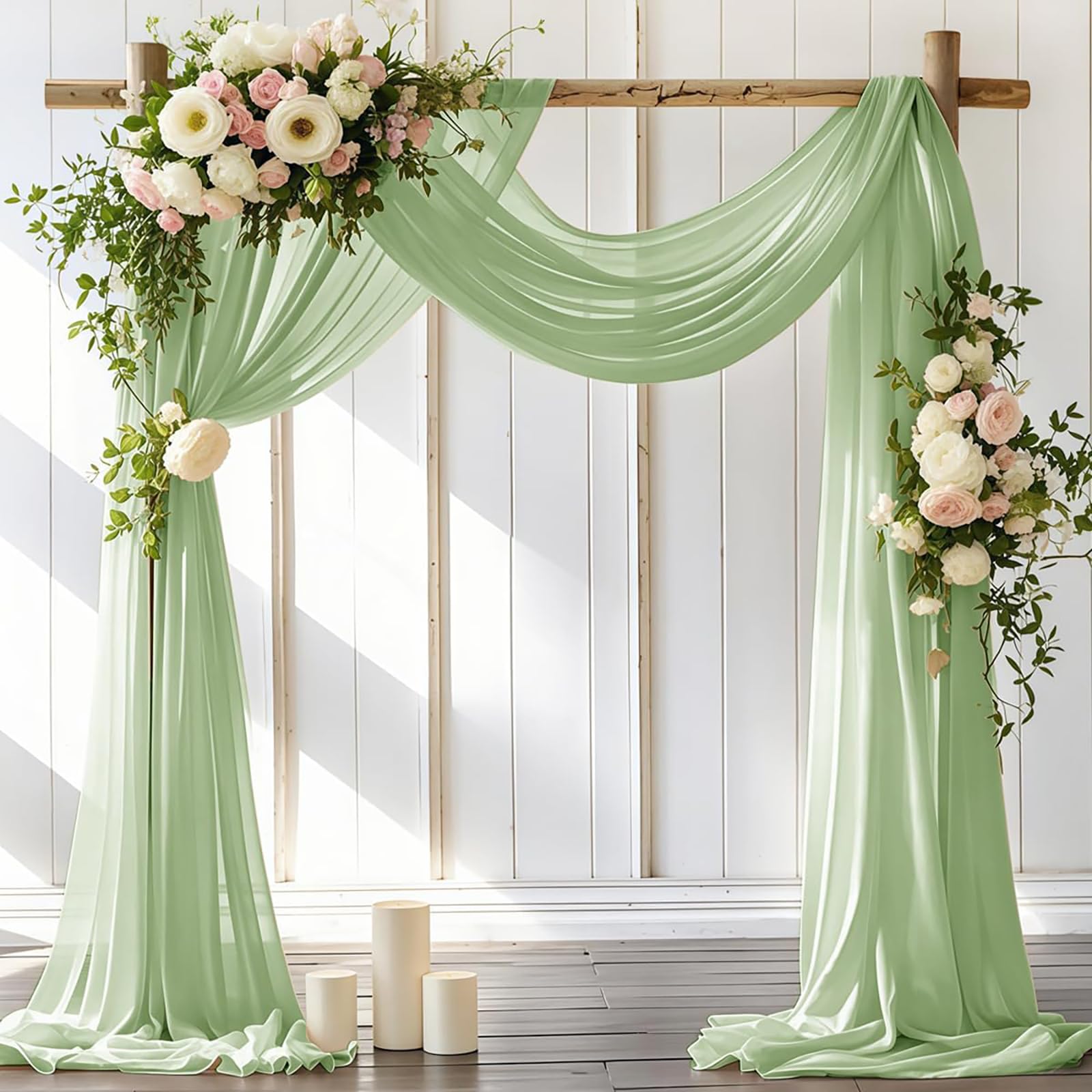 Sheer Voile Wedding Arch Draping Fabric, 2 Panels 30"x19.7ft Burgundy Chiffon Curtains for Ceremony Backdrop, Ceiling Drapes, Party Arbor, Bridal Shower Decoration (Green)