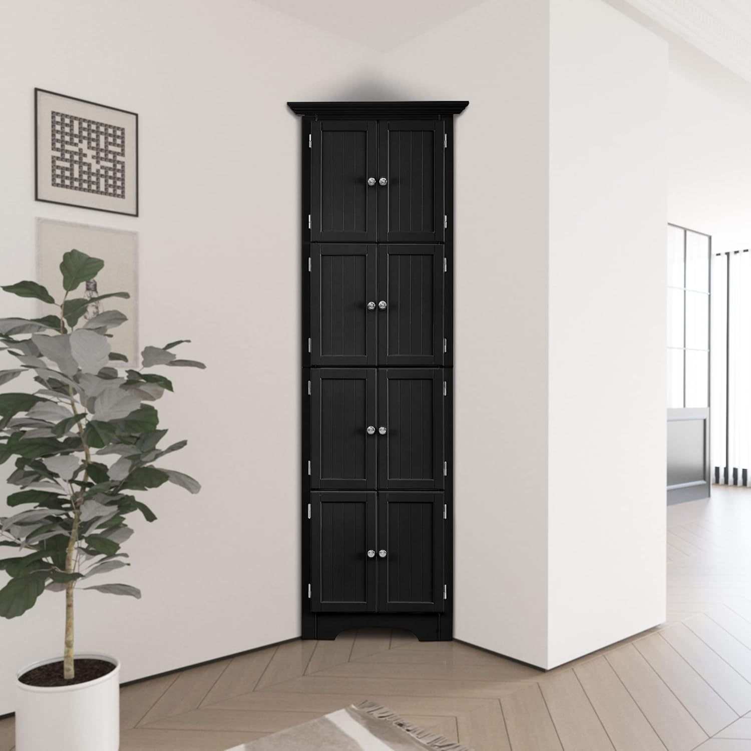 Corner Cabinet 72“ Tall Storage Cabinet with 8 Doors and Shelf, Free Standing Corner Hutch Cabinet for Bathroom Kitchen Living Room Office (Corner-Black)