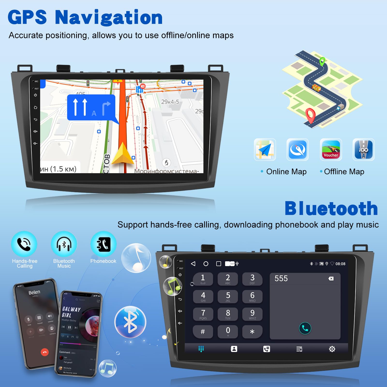 2G+64G Android Autoradio für Mazda 3 2009-2013, 9-Zoll-Touchscreen-Radio mit Kabellosem Carplay & Android Auto/WiFi/GPS/Bluetooth4.0/EQ/FM RDS Radio+Rückfahrkamera +Mikrofon