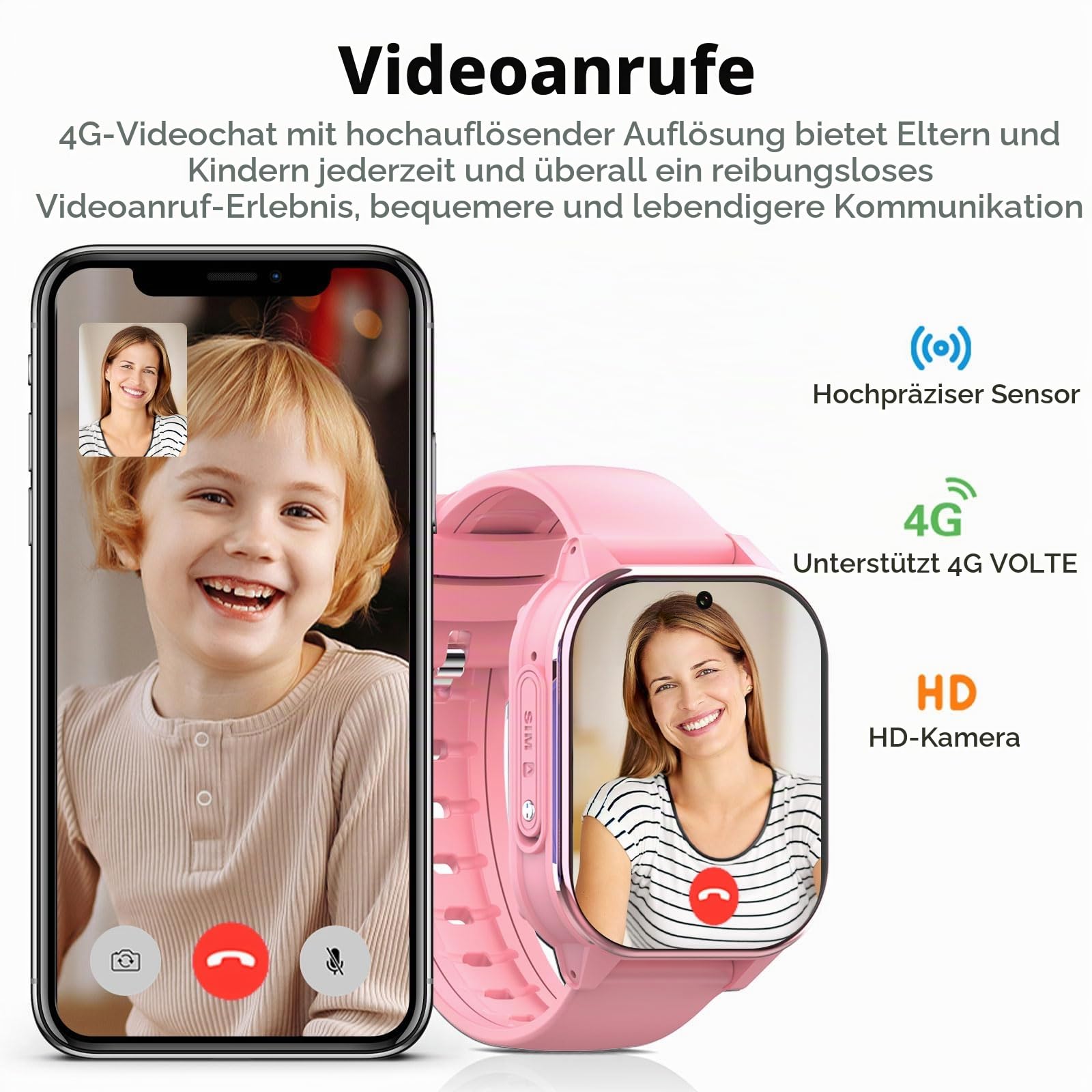 PTHTECHUS Uhr Kinder 4G, Armbanduhr mit Videoanruf, WiFi/GPS Tracker/Bluetooth Musik Schulmodus SOS Wecker, 900 MAh Lange Standby-Zeit, Kinder Smart Uhr für ab 5 Jahren, Zartes Rosa