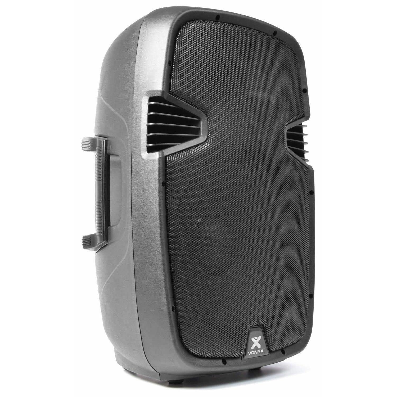 Vonyx SPJ-1500A 15" Aktivlautsprecher Set 1600W – PA Lautsprecher mit Stativ & Tasche – 2X 15 Zoll Aktivboxen mit integriertem Verstärker, EQ & Mikrofoneingang – DJ Lautsprecher Komplettset