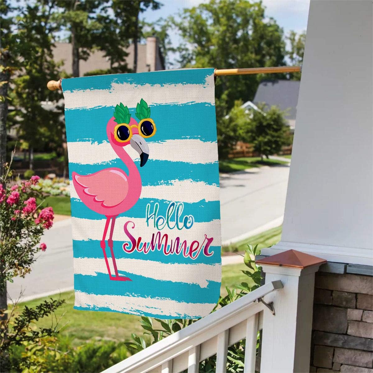 Hello Summer Funny Flamingo House Flag Vertical Double Sided Beach Burlap Yard Outdoor Decor 28 x 40 Inch