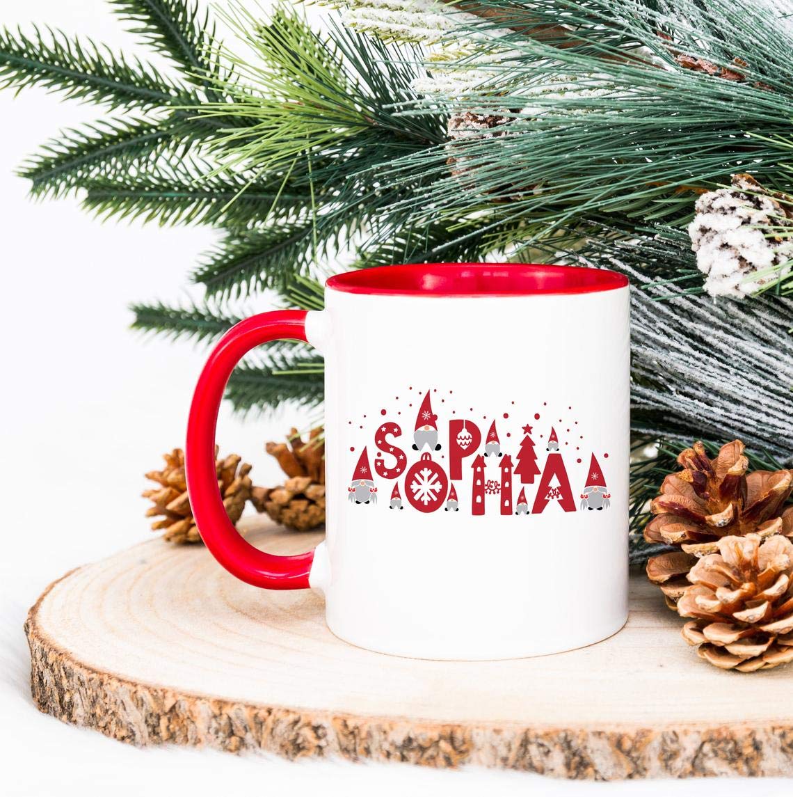 Personalised cute gnome Christmas name mug with Red Inner & Handle/Gift for him or her/Mug with gnome/Nordic style SCANDINAVIAN MUG