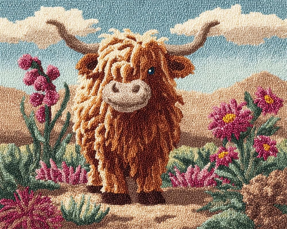 FWRTYCB 3D Latch Hook Rug Kit Highland Cattle and Flower DIY Latch Hook Rug Making Kit for Adults, 20X15Inch Cross Stitch Kit Carpet Making Cushion Needlework for Beginners, Home Decor