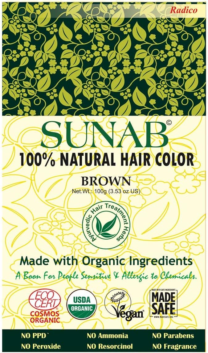 Radico 100% NATURAL SUNAB Brown/Bruin 100% Natuurlijke BIO Organic 9-Kruiden Haarverf Zonder Ammoniak. Ammonia. PPD. PTD. Peroxide. Waterstofperoxide etc. o.a.Henna. met o.a. ECOCERT 100g (Brown)