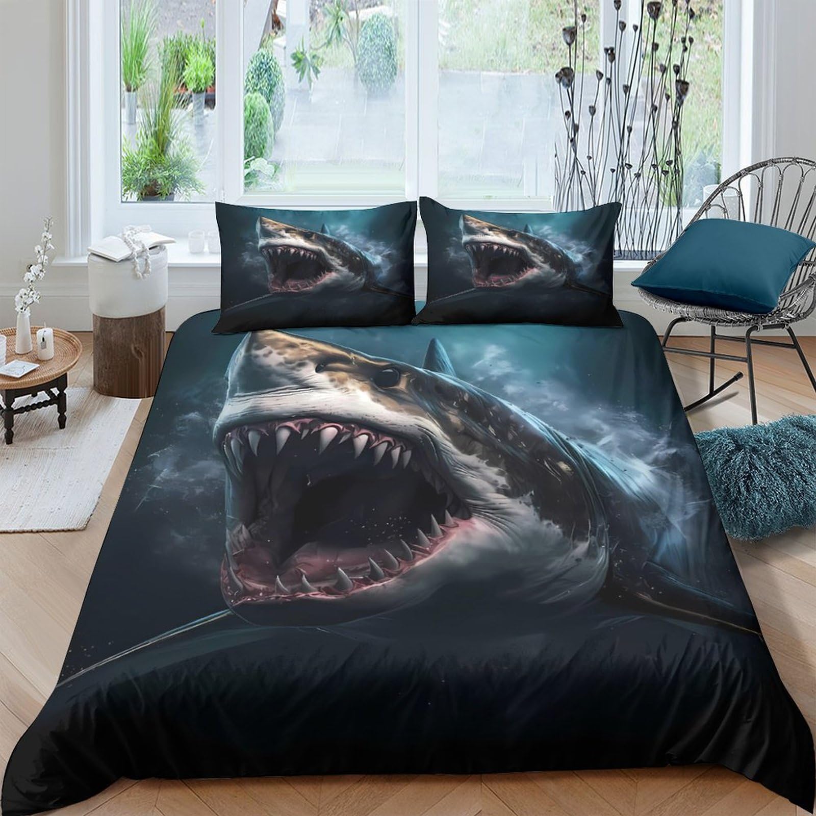 Ctjqhvkz Style-10 3D Printed Shark Attack Fitted Sheet Microfiber Soft Black Ocean Mattress Cover For Bedroom Dorm Decoration Easy Care Single（135X200cm）
