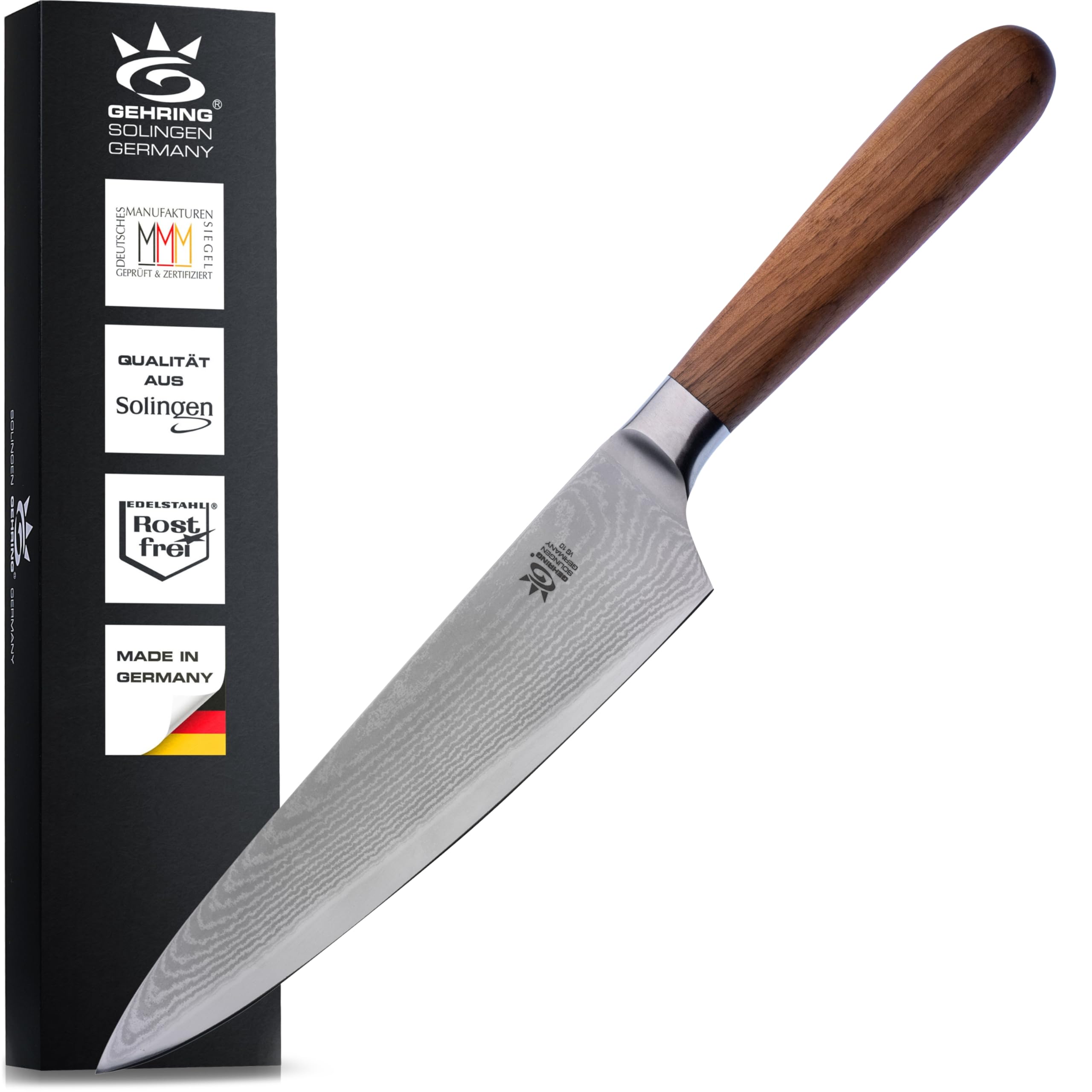 GEHRING SOLINGEN Damast Kochmesser, Scharfes Profi Küchenmesser, Made in Germany, eisgehärteter Damaststahl VG10 + ergonomischer Nussbaum - Holzgriff