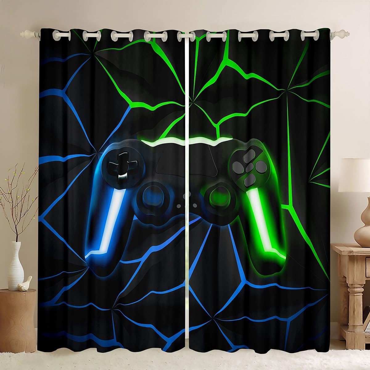 Erosebridal Gaming Curtains for Boys Kids Video Game Gamer Blackout Curtains for Living Room, Teens Blue Green Gamepad Curtains & Drapes 42''Wx63''L