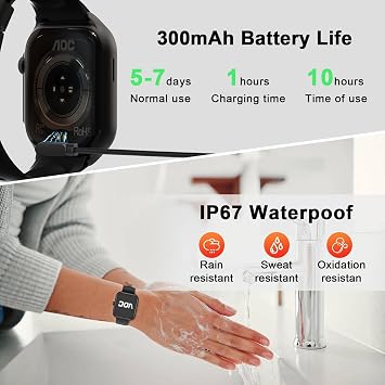 AOC Smartwatch E07 Fitness Sports Watch, 1.96 Amoled HD Touchscreen, Bluetooth Call, GPT AI, Voice Assistant, Heart Rate & Sleep Tracking, IP67 Waterproof Sports Modes for Men & Women Black