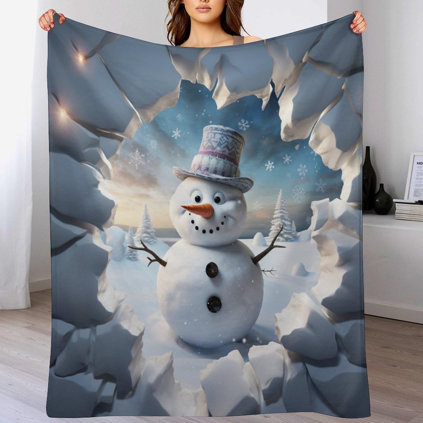 Couverture Polaire en Flannel Douce Cadeau Idéal Hiver Motif Bonhomme de Neige Enfant