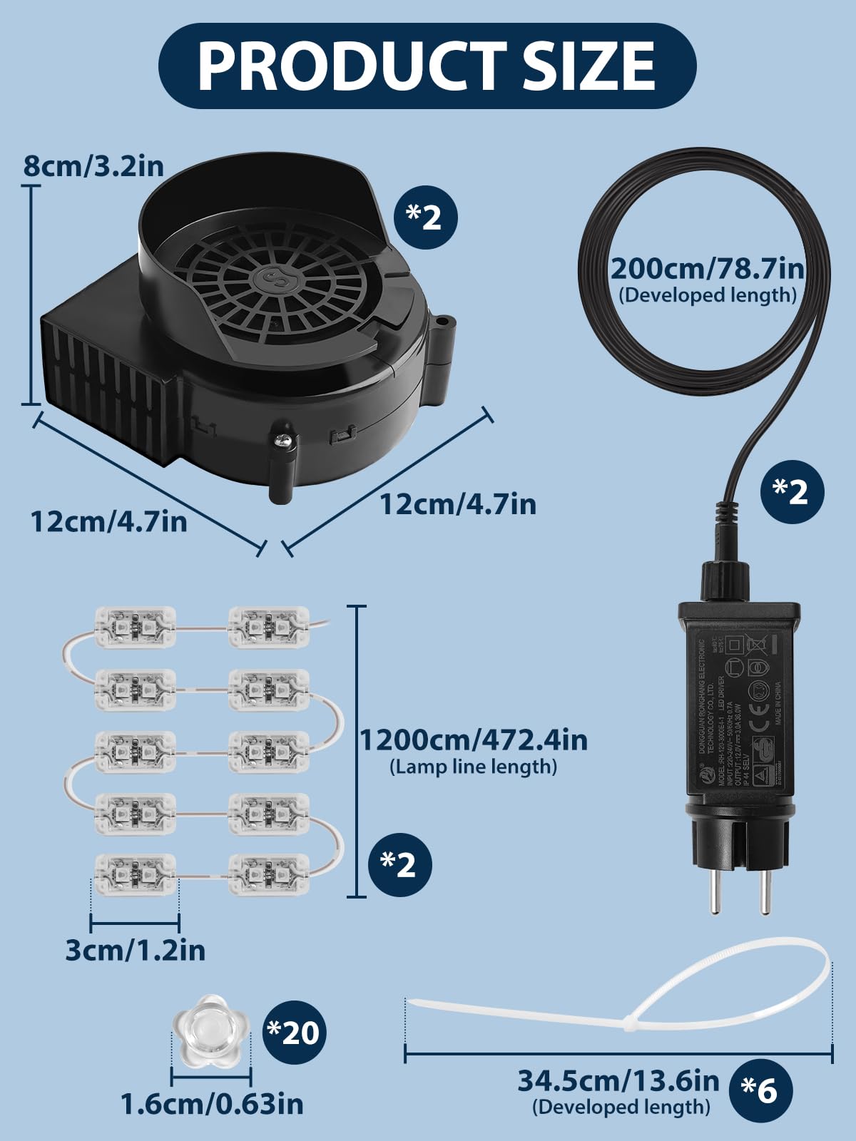 Ersatz Luftgebläse 2,5 A für aufblasbare Gegenstände mit Adapter und LED-Leuchten