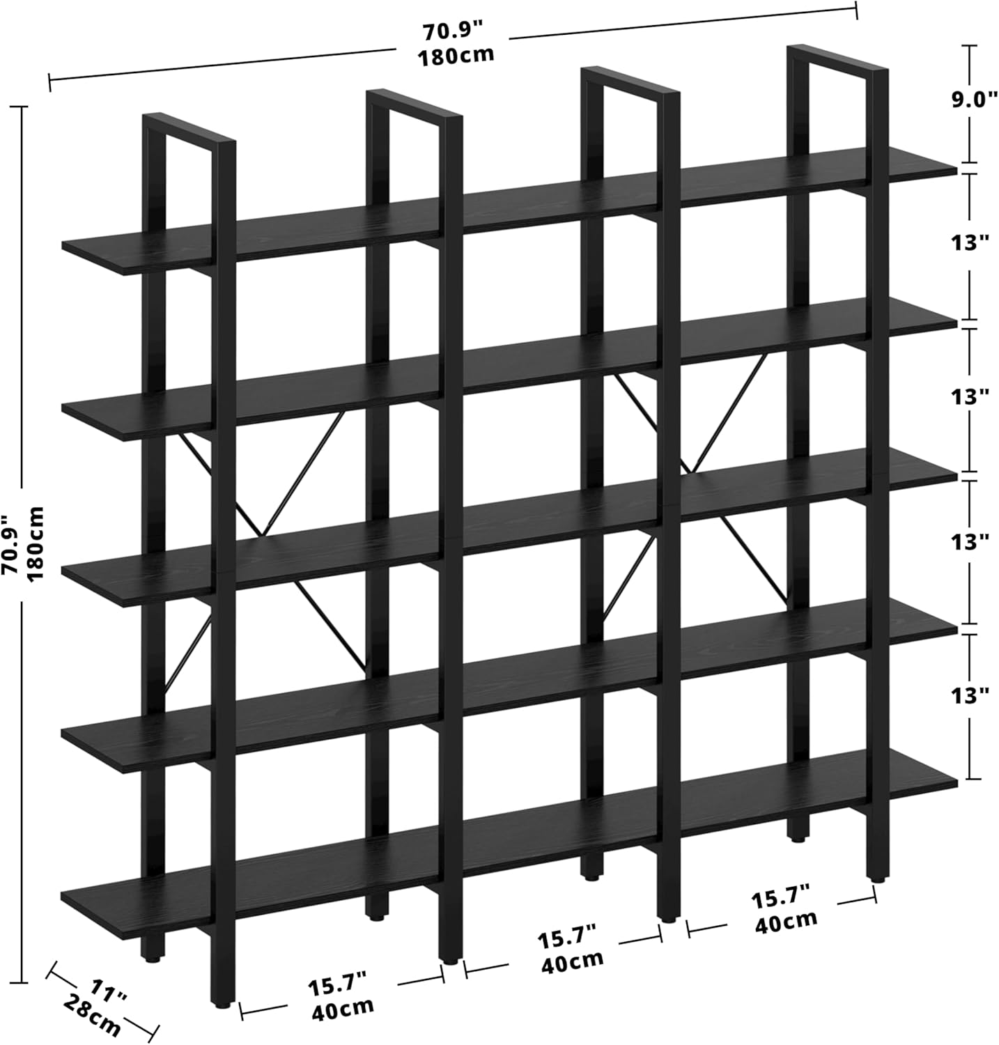 IRONCK Bookshelves Triple Wide 5 Tiers Large Open Shelves, Display Shelf with Back Fence for Home Office Decor, Easy Assembly, Vintage Black