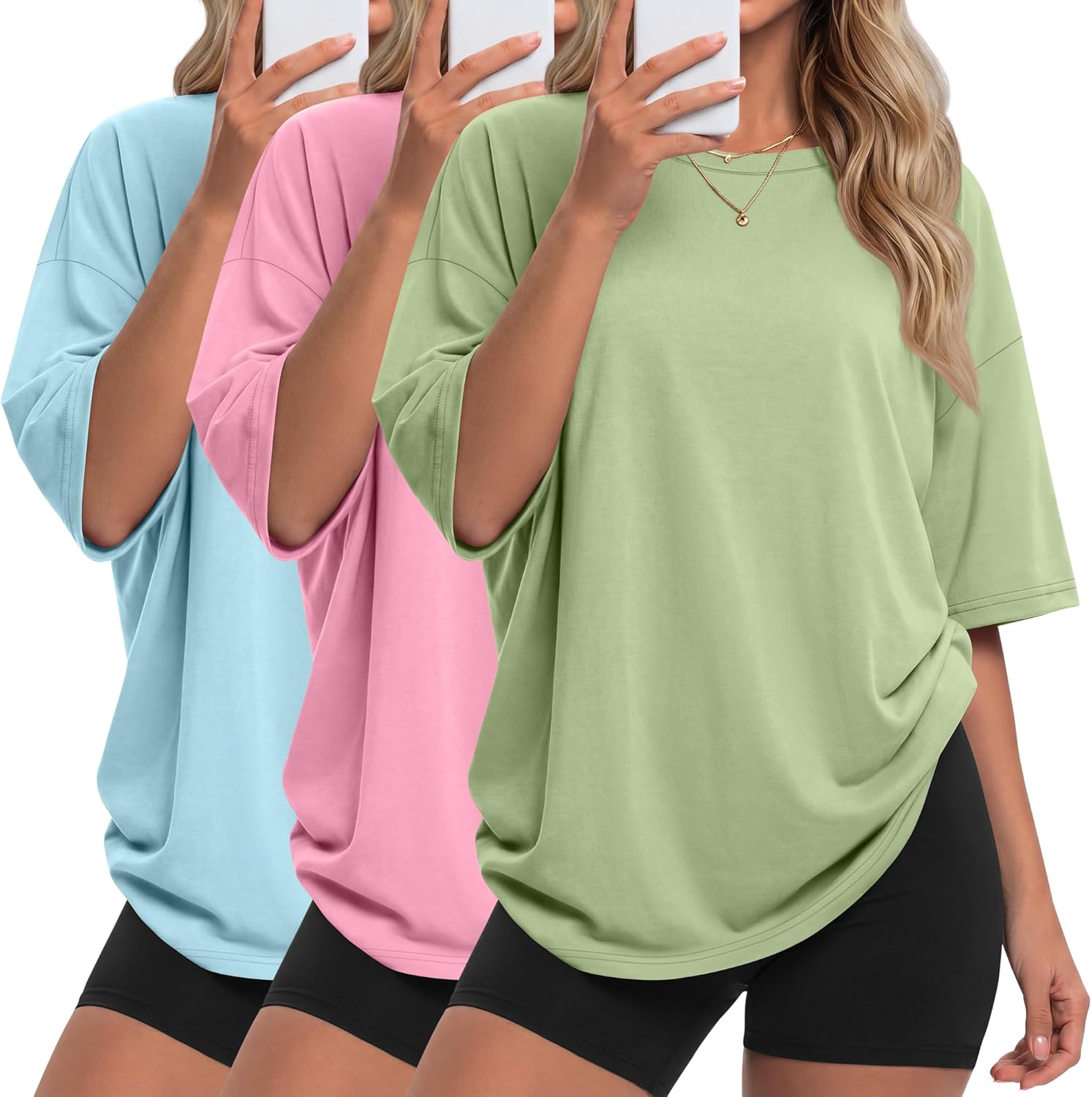 3 Pack Women's Oversized T Shirts 90% Cotton Half Sleeve Crewneck Summer Baggy Workout Gym Tees Tops