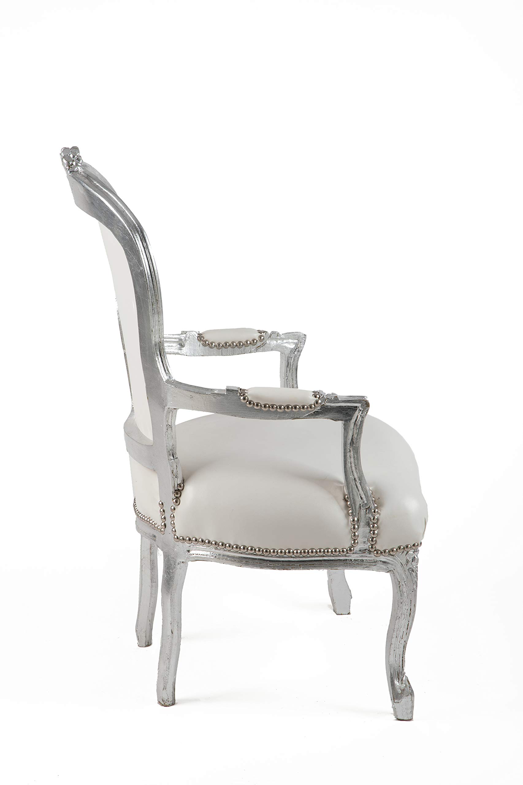 Poltrona BAROCCO Luis stile Francese Luigi XVI Silver e Bianca con Gemme Ecopelle 63 x 65 x 94 cm