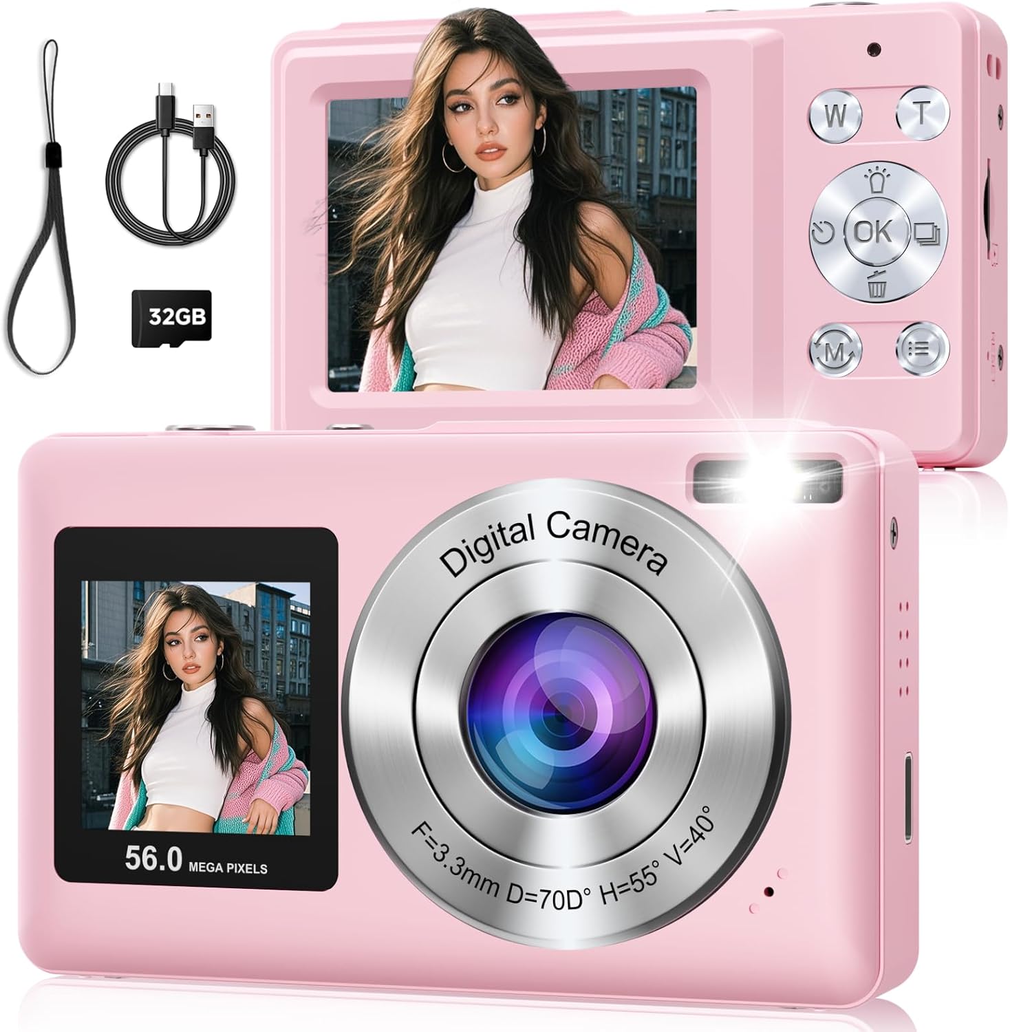 Digital Camera, 56MP Dual-Screen Digital Camera with 32GB SD Card, Portable Point and Shoot Digital Camera with Anti-Shake, 16x Zoom, Flash, Vlogging Camera for Boys, Girls, Kids, Teens, Adults