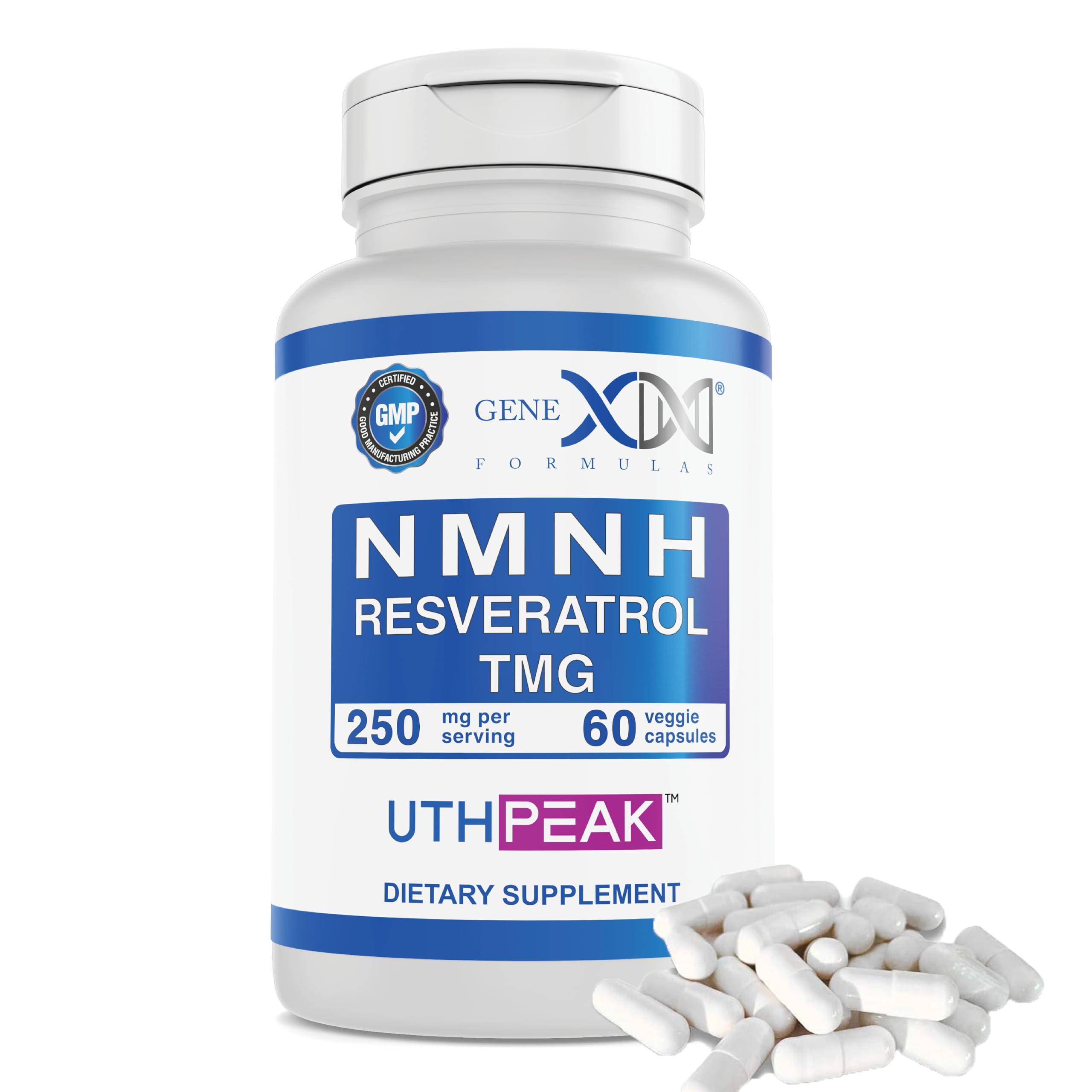 Genex Formulas 250mg NMNH + Resveratrol + TMG (60 Capsules - 30 Servings) | NMNH (Dihydronicotinamide Mononucleotide) + 98% Resveratrol + TMG for Healthy Aging - Non-GMO, Gluten-Free, Vegetarian