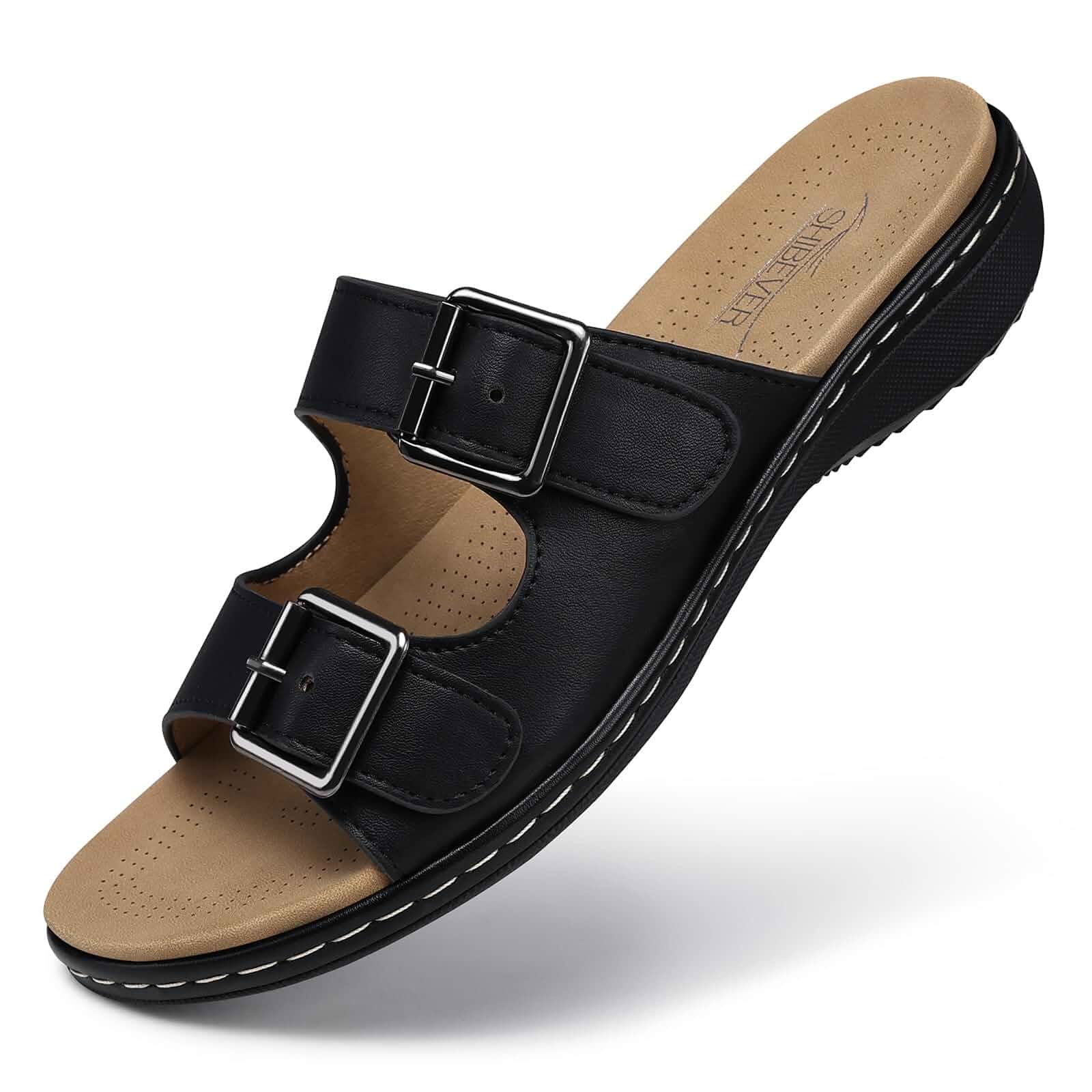 SHIBEVER Women Dressy Flat Sandals: Comfortable Arch Support Sandal Non Slip Orthopedic Slip On Flats - Adjustable Fit Wide Feet - Summer All Day Standing Walking Sandal