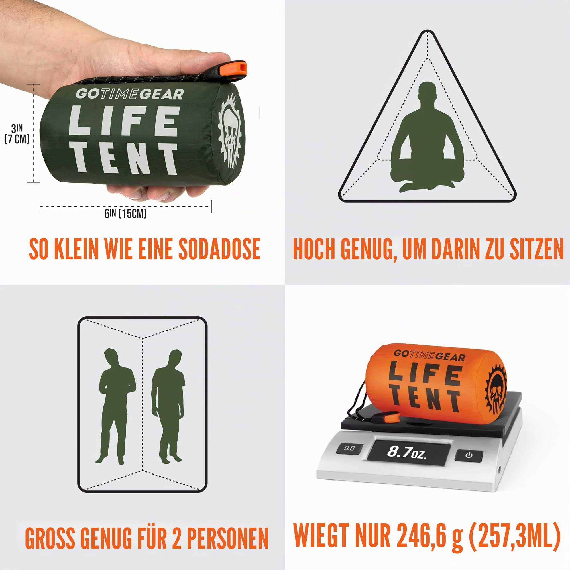 Go Time Gear Rettungszelt Notfall Überlebensunterstand - 2 Personen Notfallzelt - Verwendung als Überlebenszelt, Notunterkunft, Schlauchzelt, Survival Tarp, inklusive Survival Whistle & Paracord