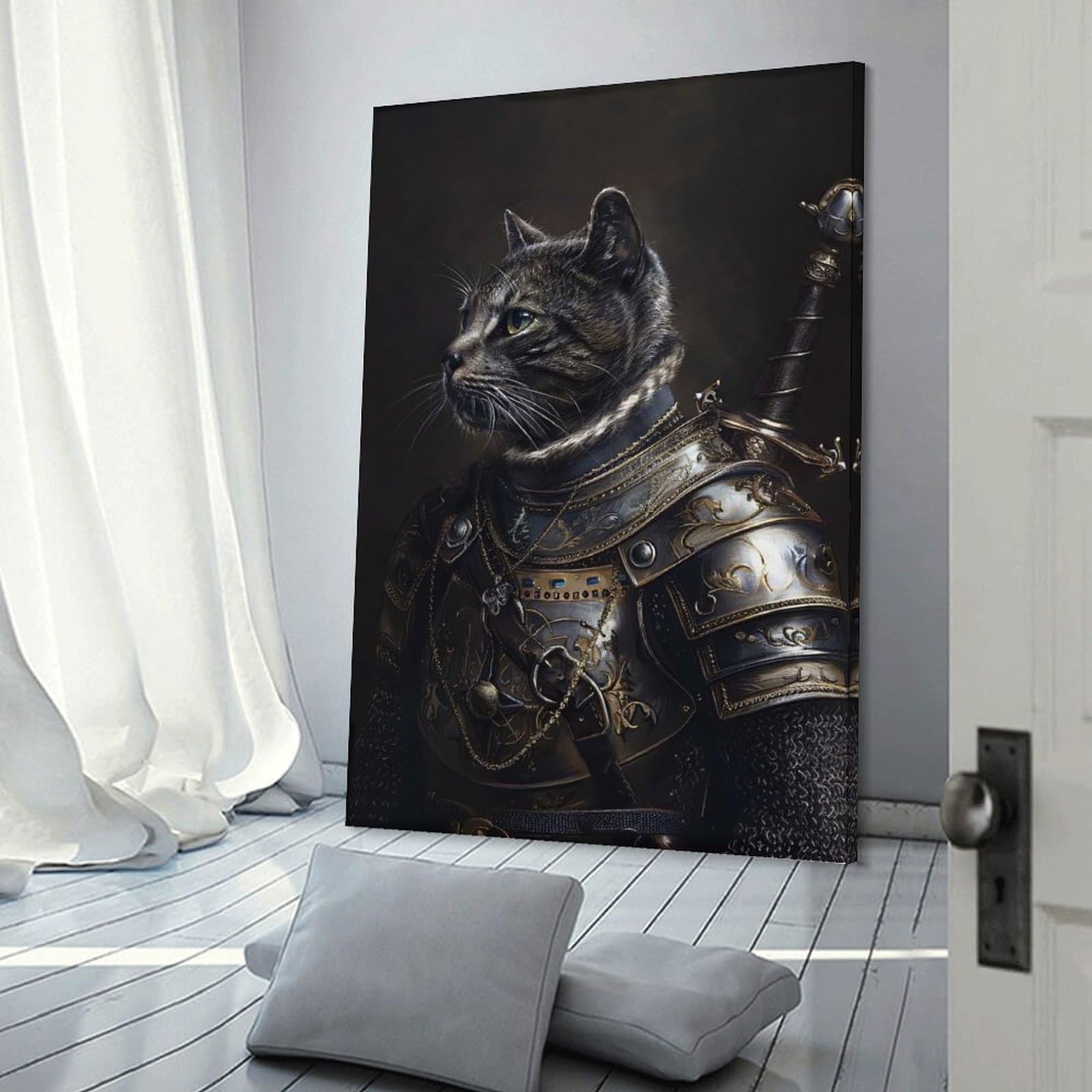 Junmoney Canvas Wall Art Knight Cat Warrior, 12x18inch(30x45cm), for New Homes, Bedrooms Or Workspaces, Canvas Artwork with Gifting Potential